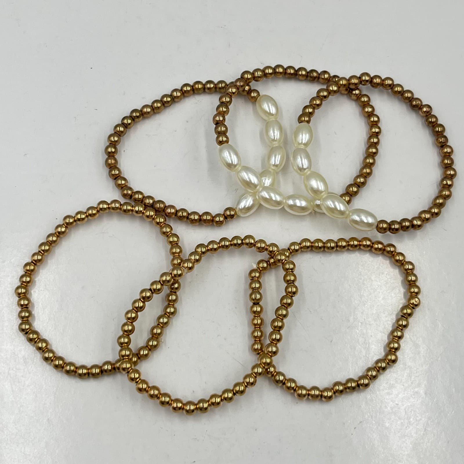 Vintage Retro Gold Bead & Faux Pearl Stretch Bracelet Stack Set 6pc Mixed Lot - Thumbnail 8