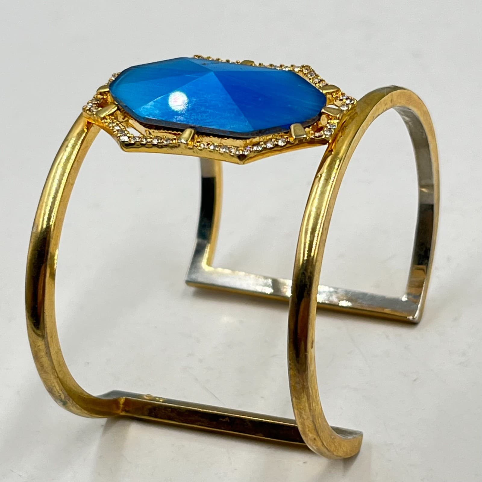Vintage Boho Cobalt Blue Cat's Eye Hexagon Gold Tone Cuff Bracelet Classic - Thumbnail 5