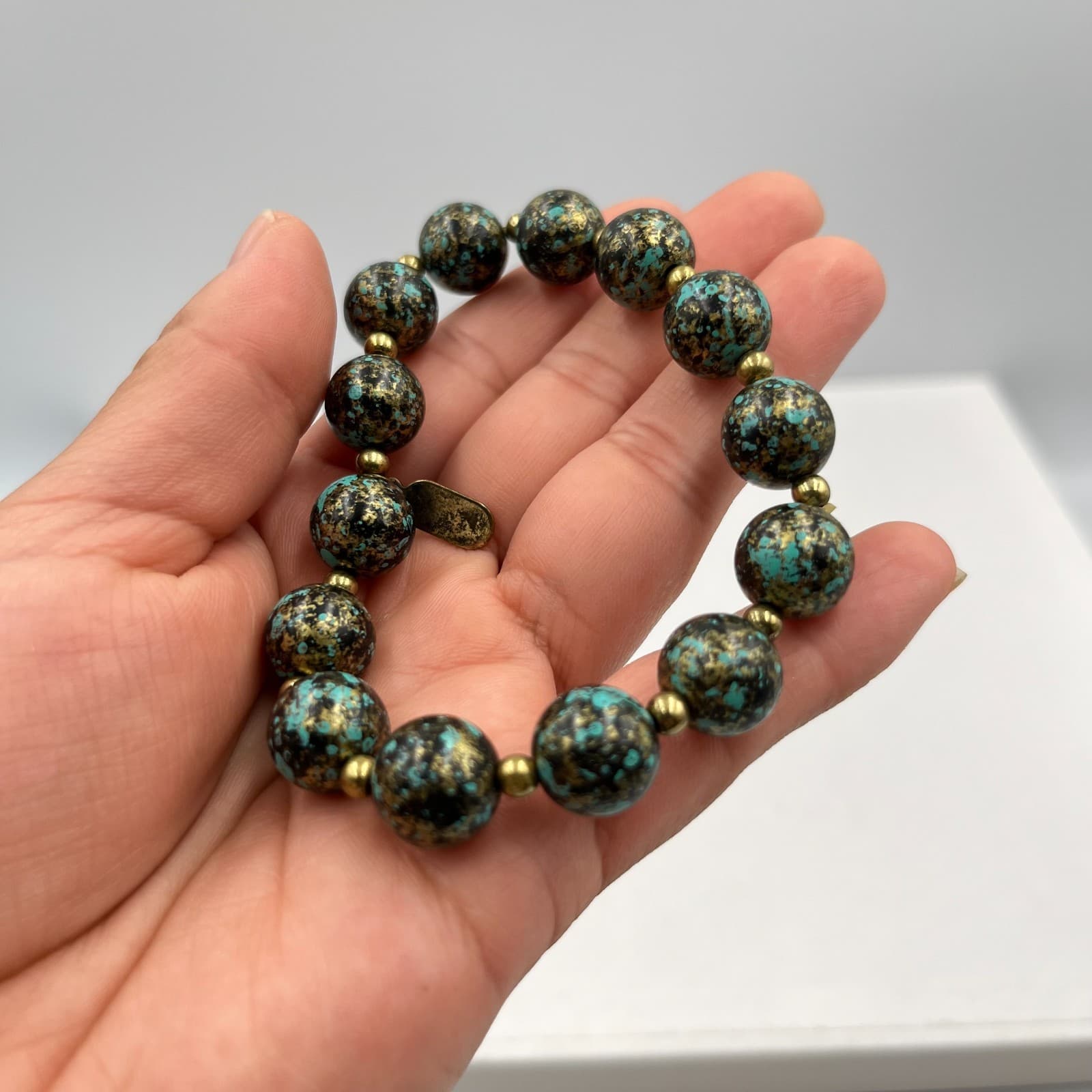 Vintage Treska Boho Stretch Bracelet Marbled Blue Gold Speckled Beaded Classic - Thumbnail 5