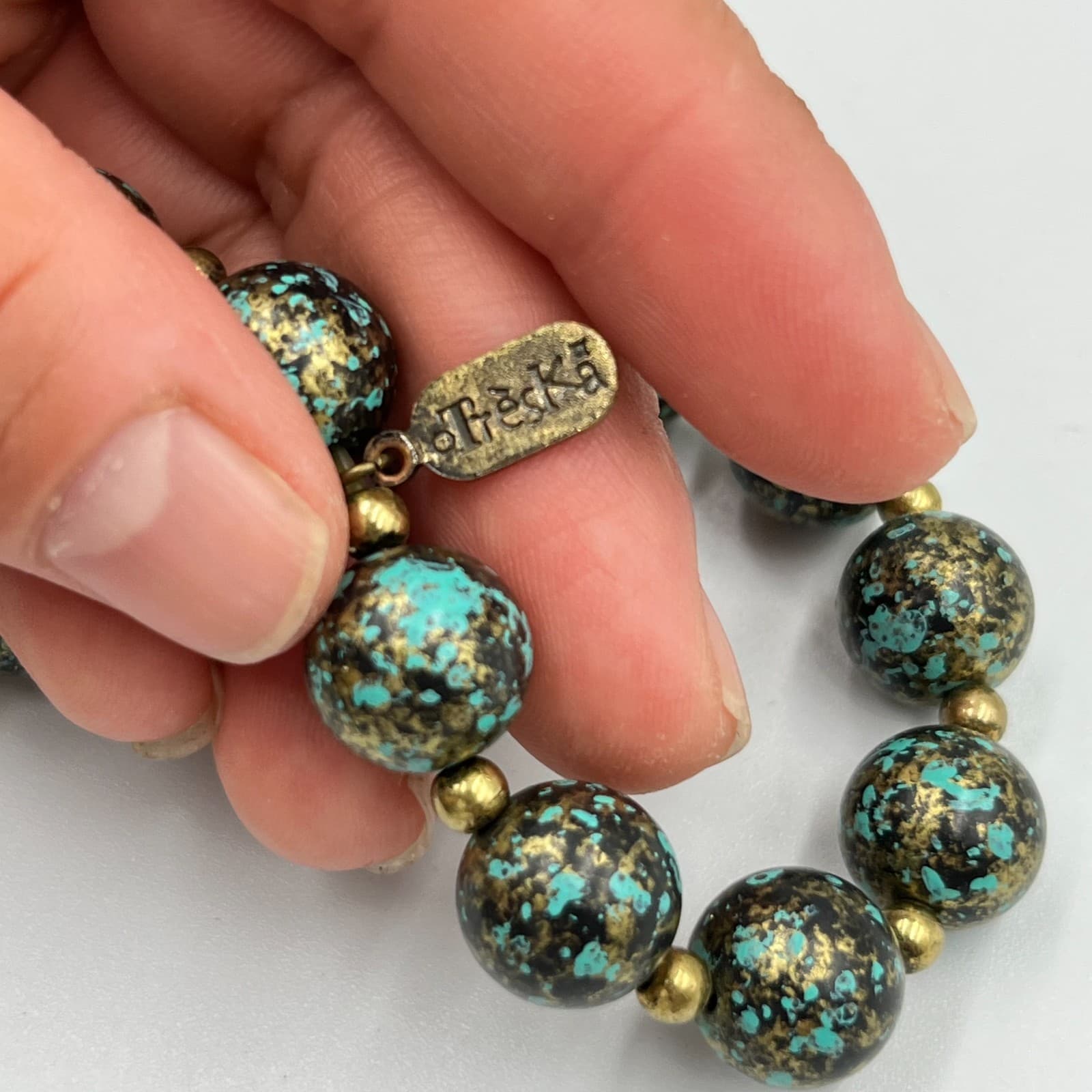 Vintage Treska Boho Stretch Bracelet Marbled Blue Gold Speckled Beaded Classic - Thumbnail 2