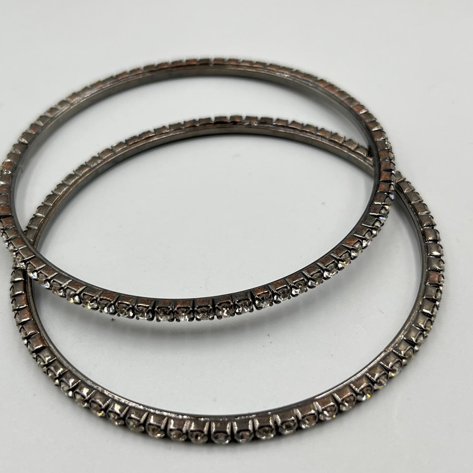 VTG Rhinestone Bangle Tennis Braelet Set-Silver Tone Clear Crystal 3-Piece Stack - Thumbnail 6