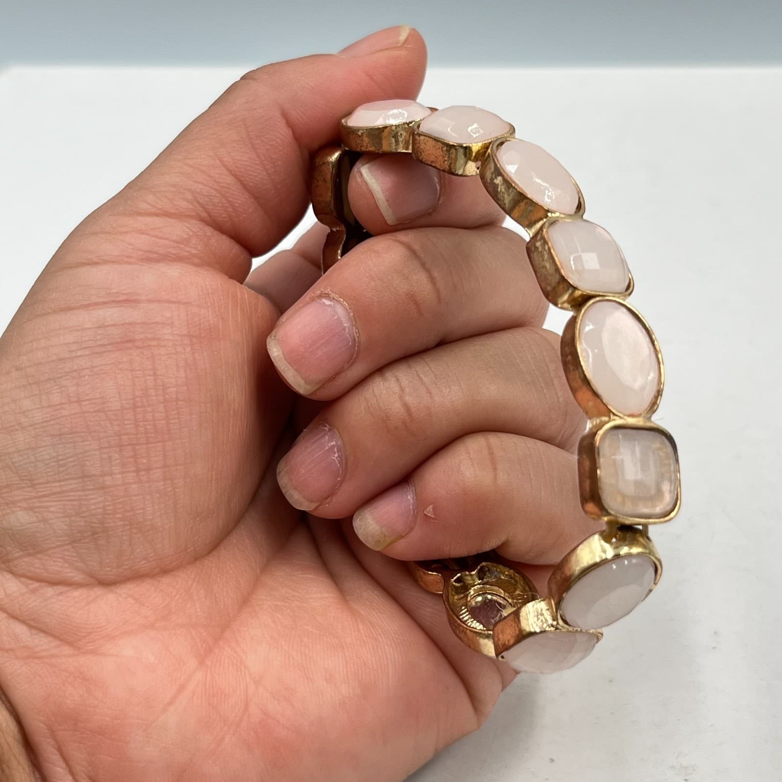 Vintage Boho Pink Stone Stretch Bracelet Gold Tone Chunky Stackable Retro - Thumbnail 4