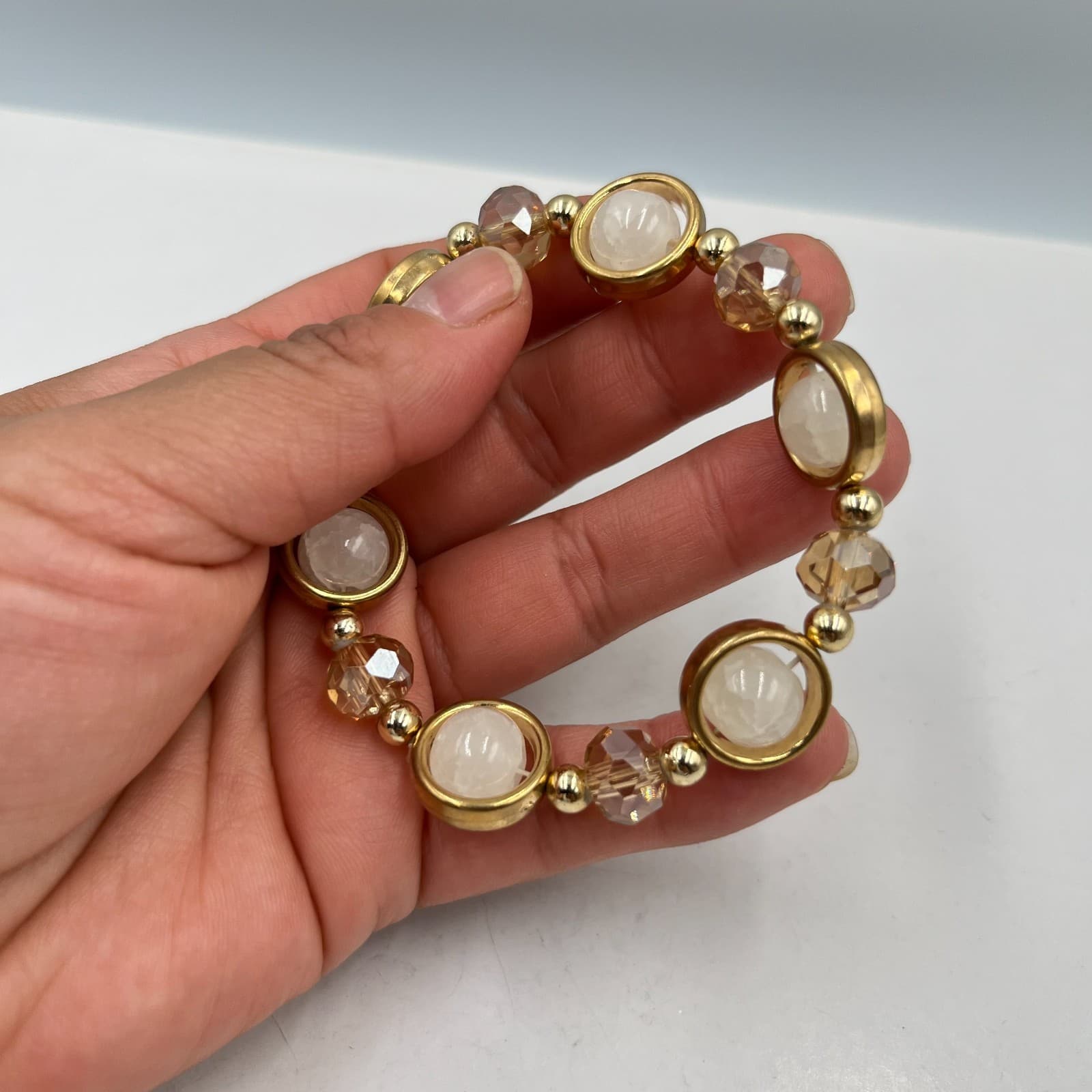 Vintage Gold Tone Halo White Stone Stretch Bracelet Champagne Crystal Retro - Thumbnail 4