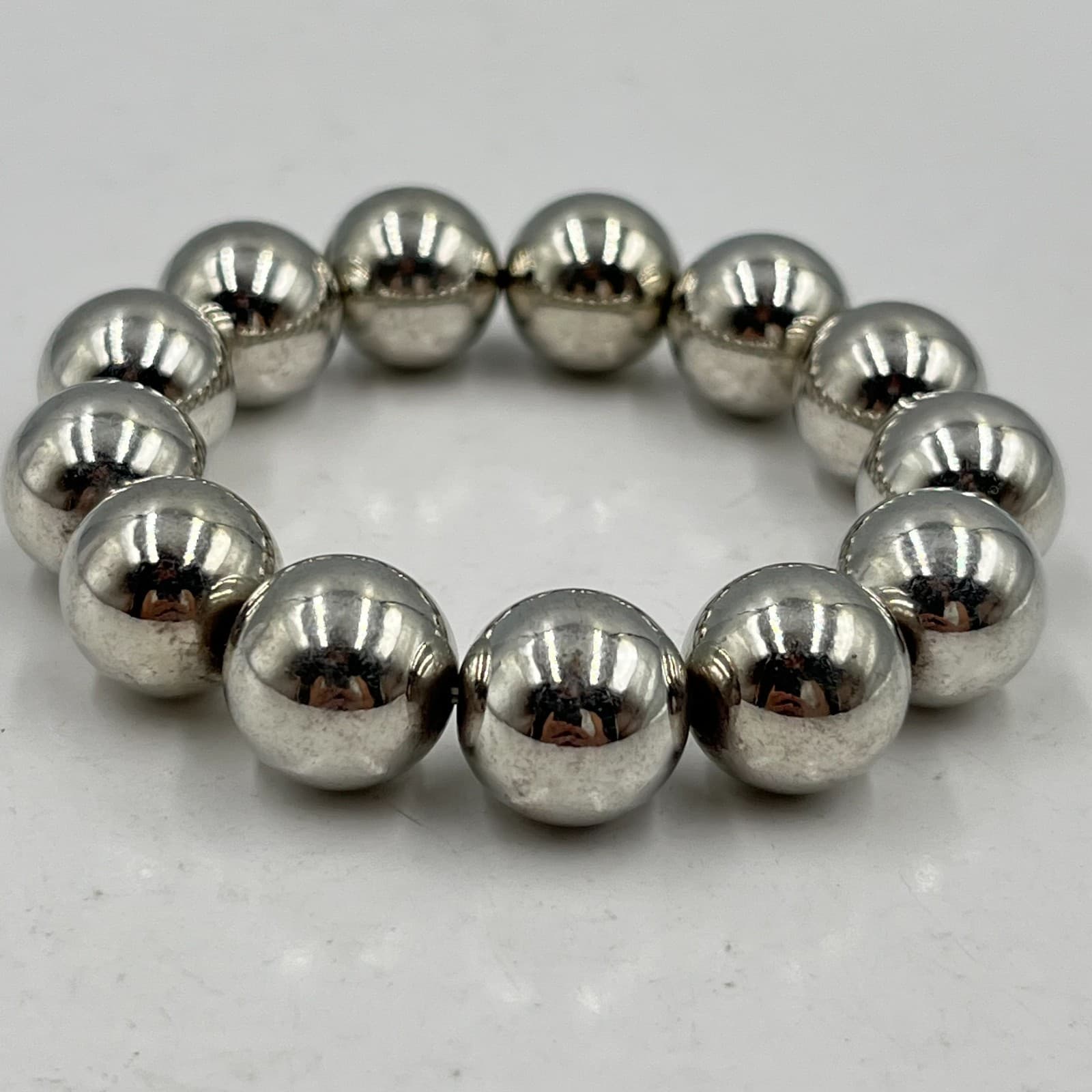 Vintage Y2K Silver Tone Metal Ball Bead Stretch Bracelet Set 3Pcs Chunky Retro - Thumbnail 2