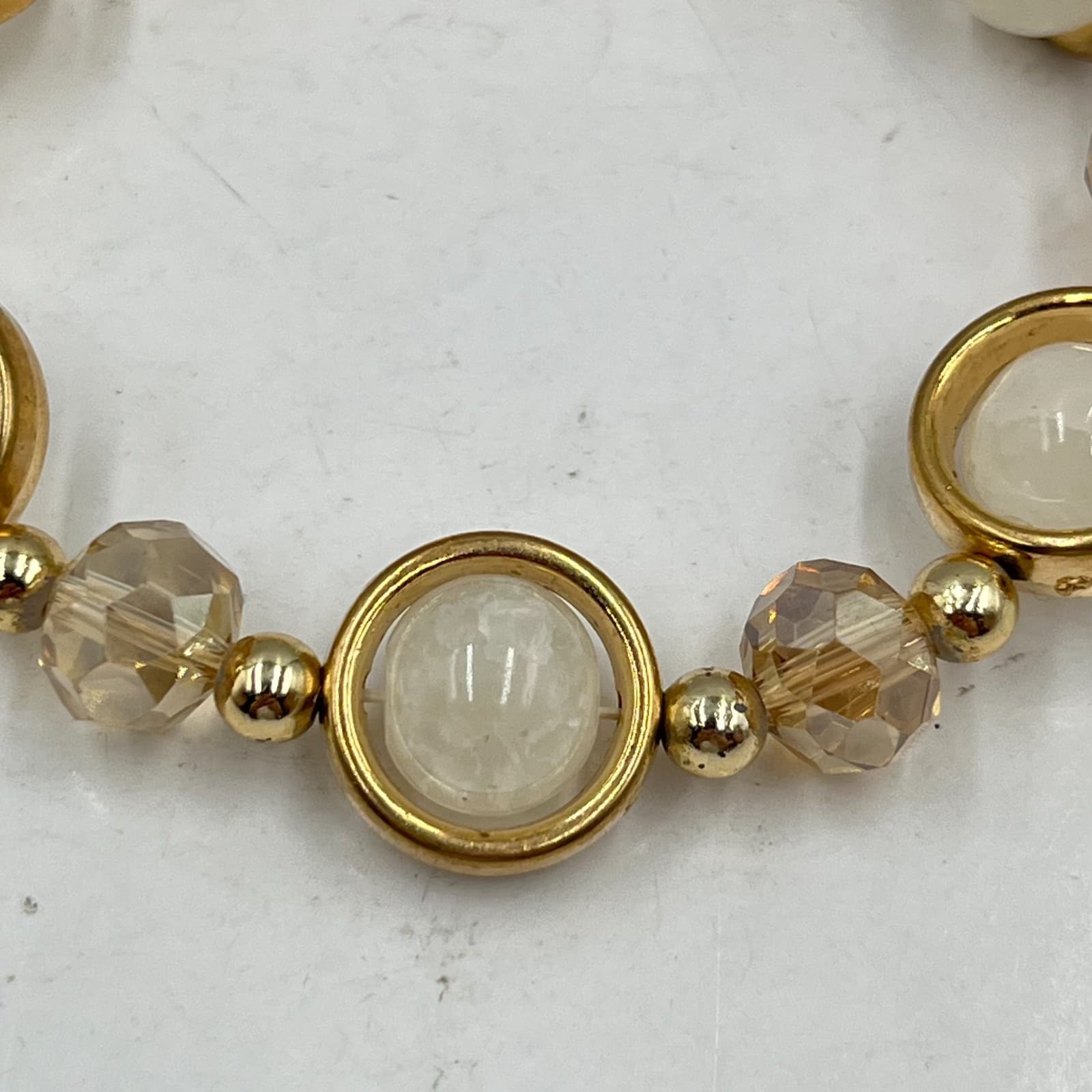 Vintage Gold Tone Halo White Stone Stretch Bracelet Champagne Crystal Retro - Thumbnail 3