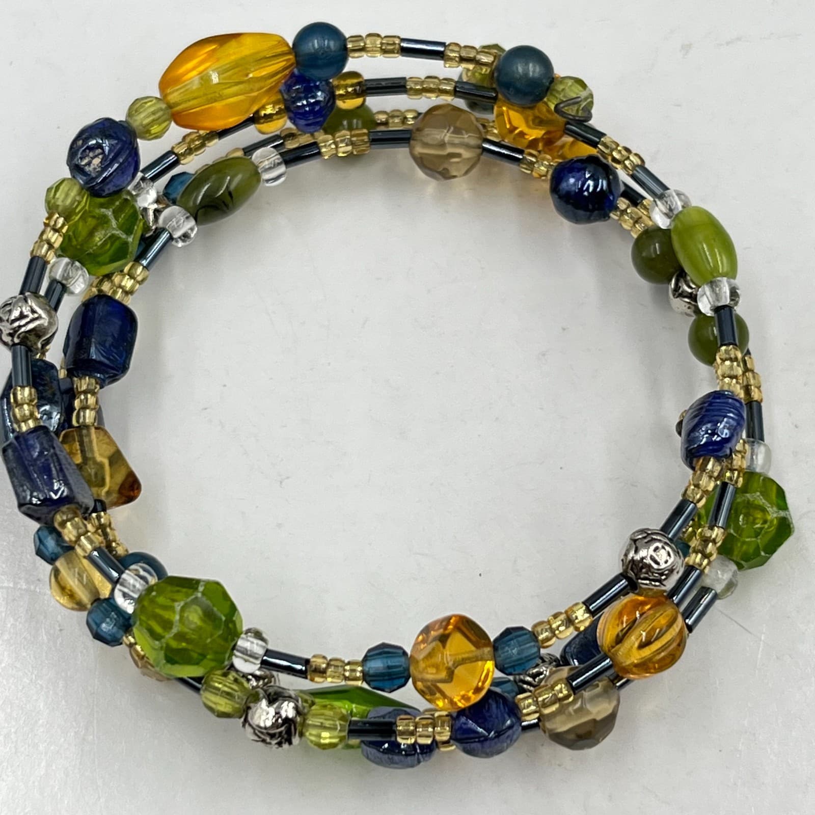 Vintage Y2K Boho Multi-Strand Wrap Bracelet Green Blue Amber Beads 80ch Classic - Thumbnail 2