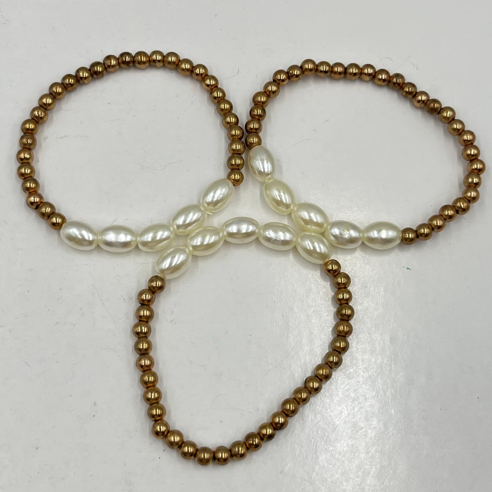 Vintage Retro Gold Bead & Faux Pearl Stretch Bracelet Stack Set 6pc Mixed Lot - Thumbnail 4