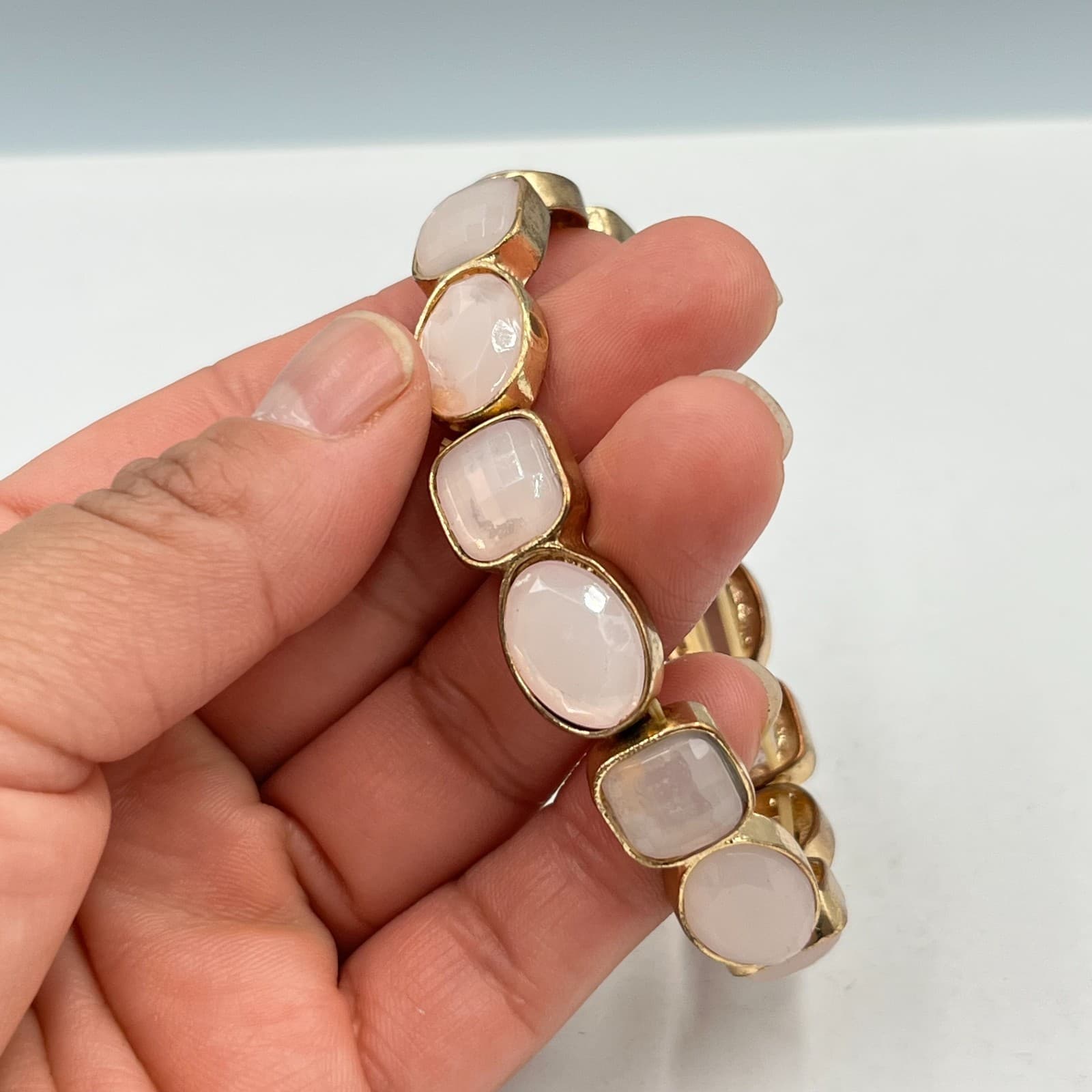 Vintage Boho Pink Stone Stretch Bracelet Gold Tone Chunky Stackable Retro - Thumbnail 3