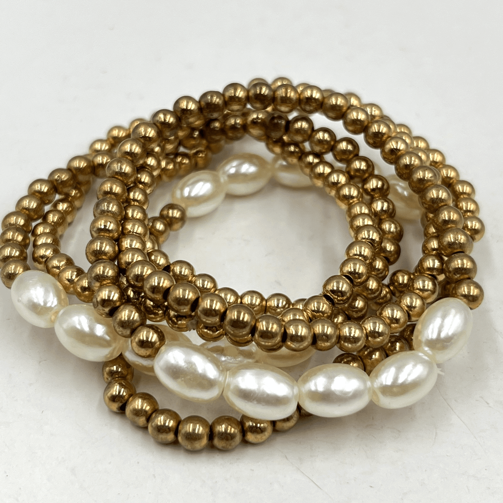Vintage Retro Gold Bead & Faux Pearl Stretch Bracelet Stack Set 6pc Mixed Lot