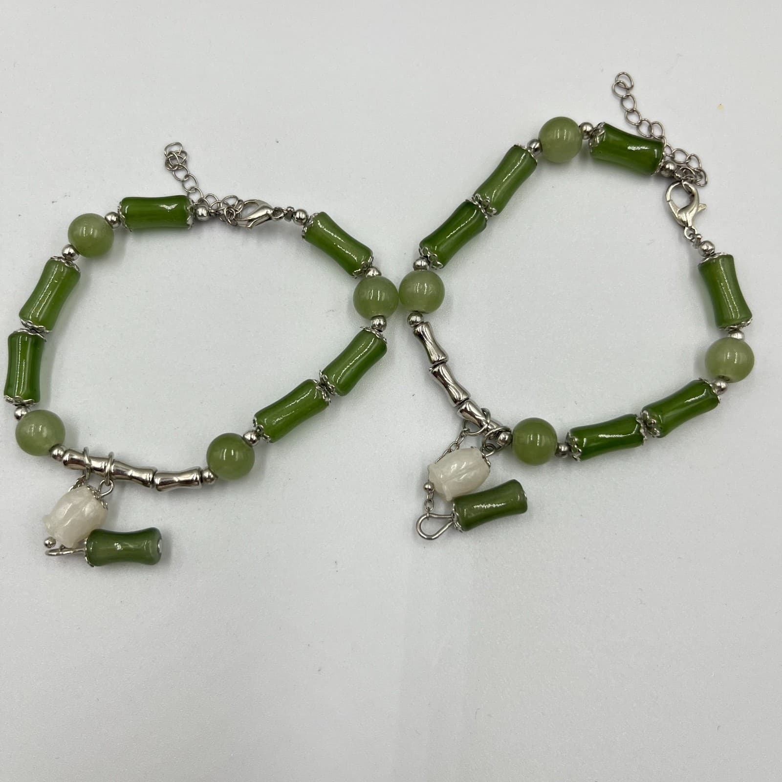 Vintage Faux Jade & Bone Bamboo Bead Bracelet Set 4pc Zen Nature Green White - Thumbnail 4