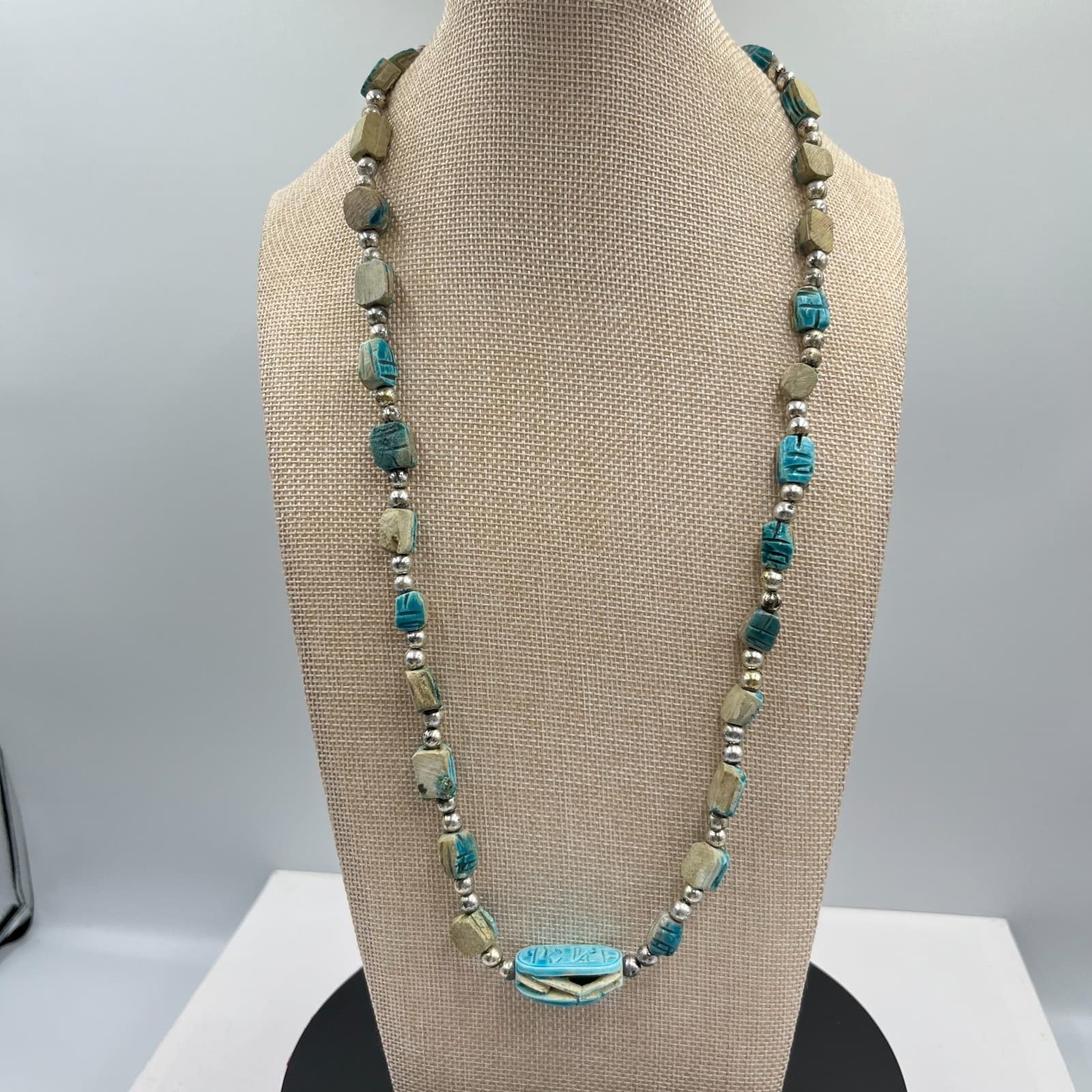 Vintage Egyptian Revival Scarab Beetle Beads Necklace & Filigree Bracelet Set - Thumbnail 2