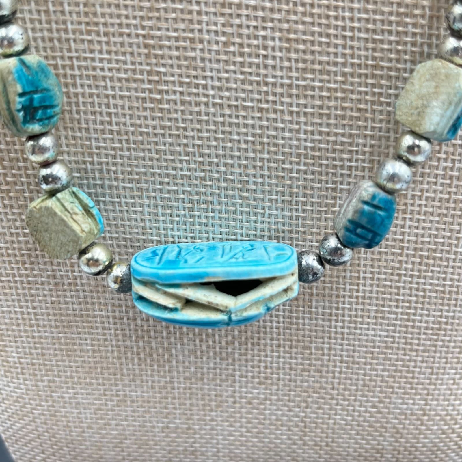 Vintage Egyptian Revival Scarab Beetle Beads Necklace & Filigree Bracelet Set - Thumbnail 4