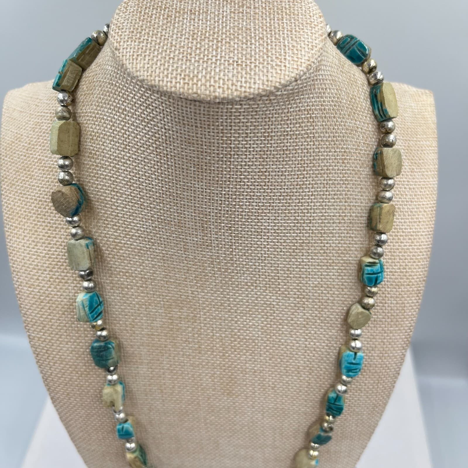 Vintage Egyptian Revival Scarab Beetle Beads Necklace & Filigree Bracelet Set - Thumbnail 3