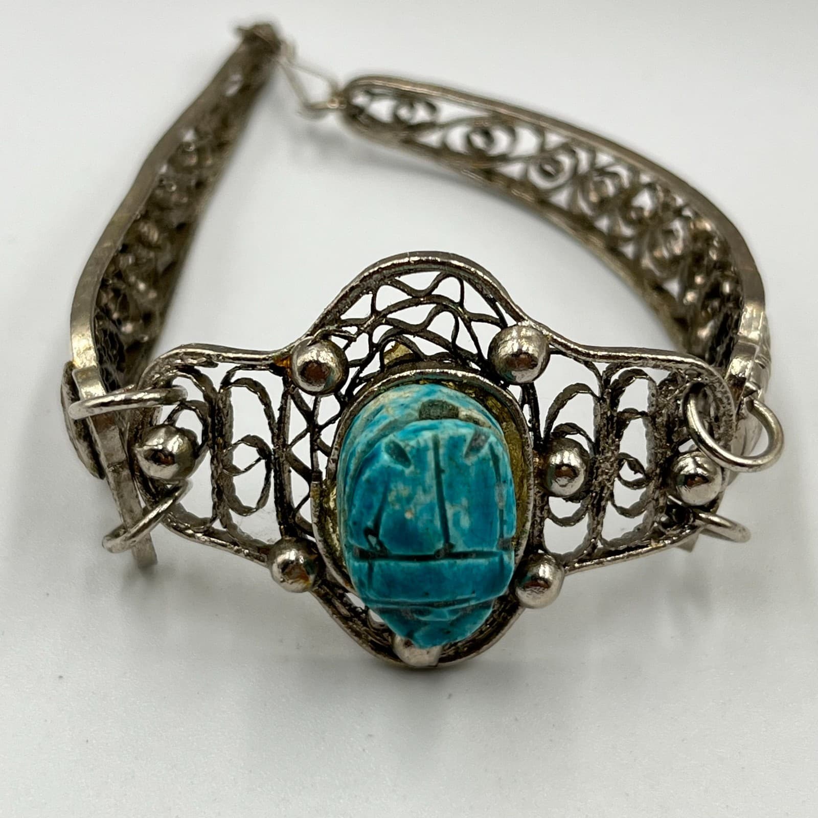 Vintage Egyptian Revival Scarab Beetle Beads Necklace & Filigree Bracelet Set - Thumbnail 9