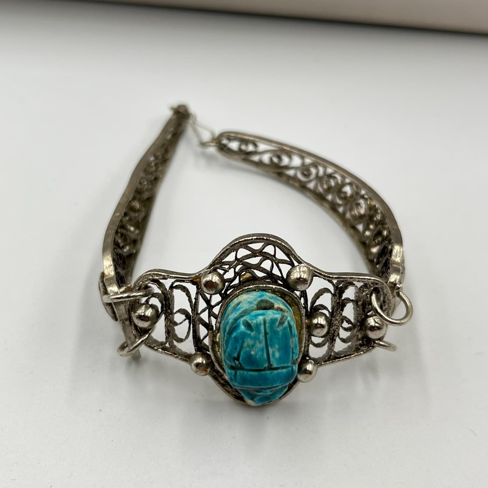 Vintage Egyptian Revival Scarab Beetle Beads Necklace & Filigree Bracelet Set - Thumbnail 8