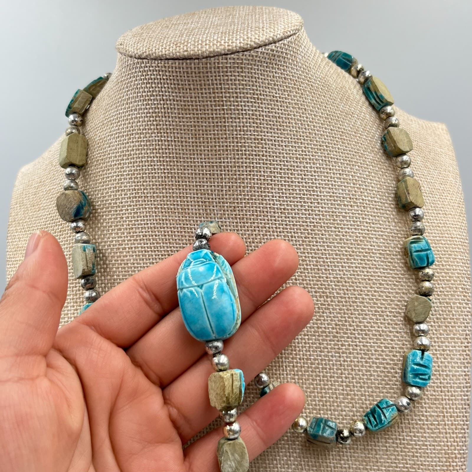 Vintage Egyptian Revival Scarab Beetle Beads Necklace & Filigree Bracelet Set - Thumbnail 5