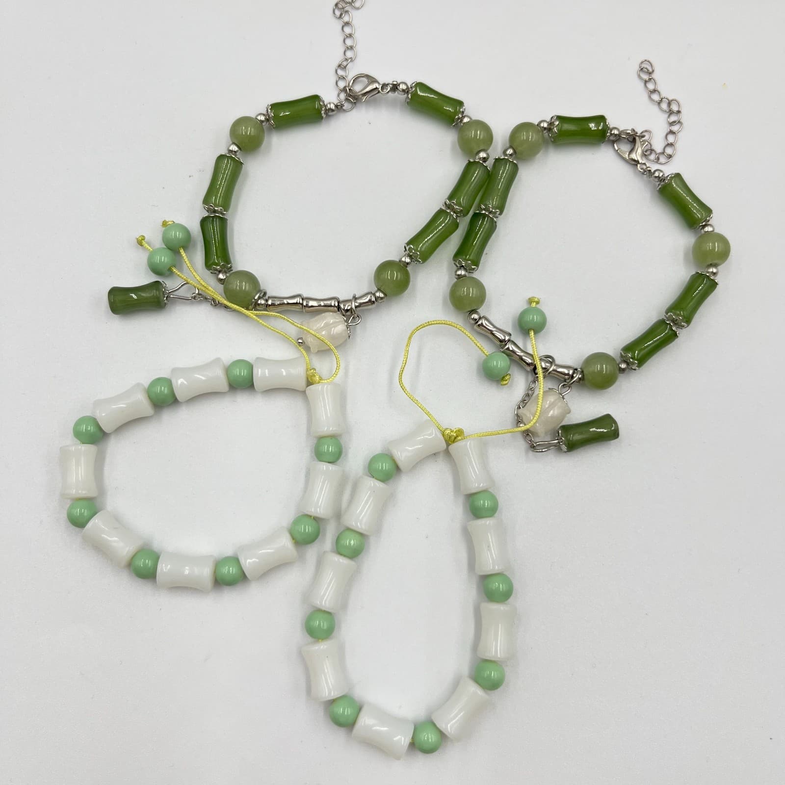 Vintage Faux Jade & Bone Bamboo Bead Bracelet Set 4pc Zen Nature Green White