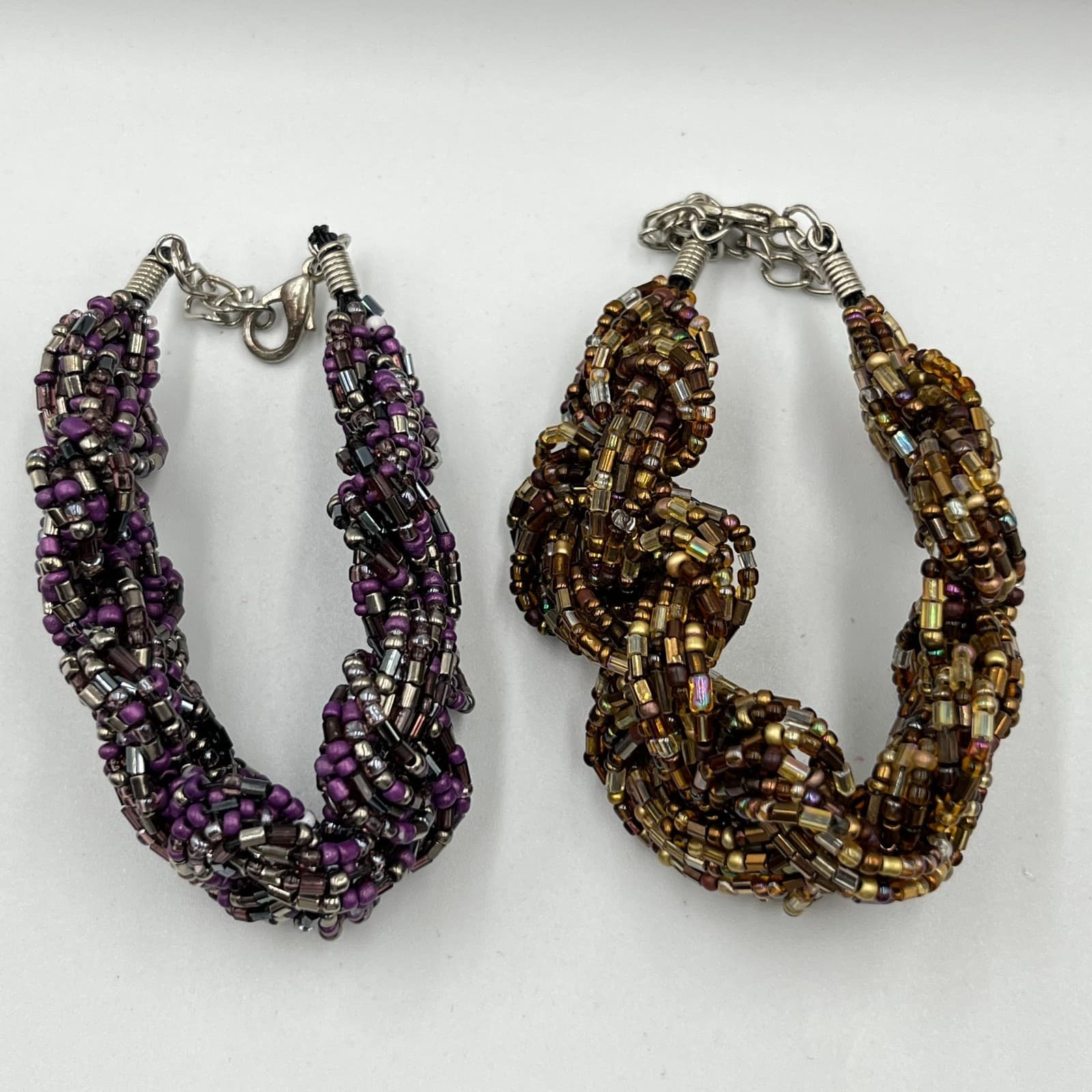 Vintage Boho Multi-Strand Seed Bead Bracelet Set Purple Gold Earth Tone Y2K - Thumbnail 5