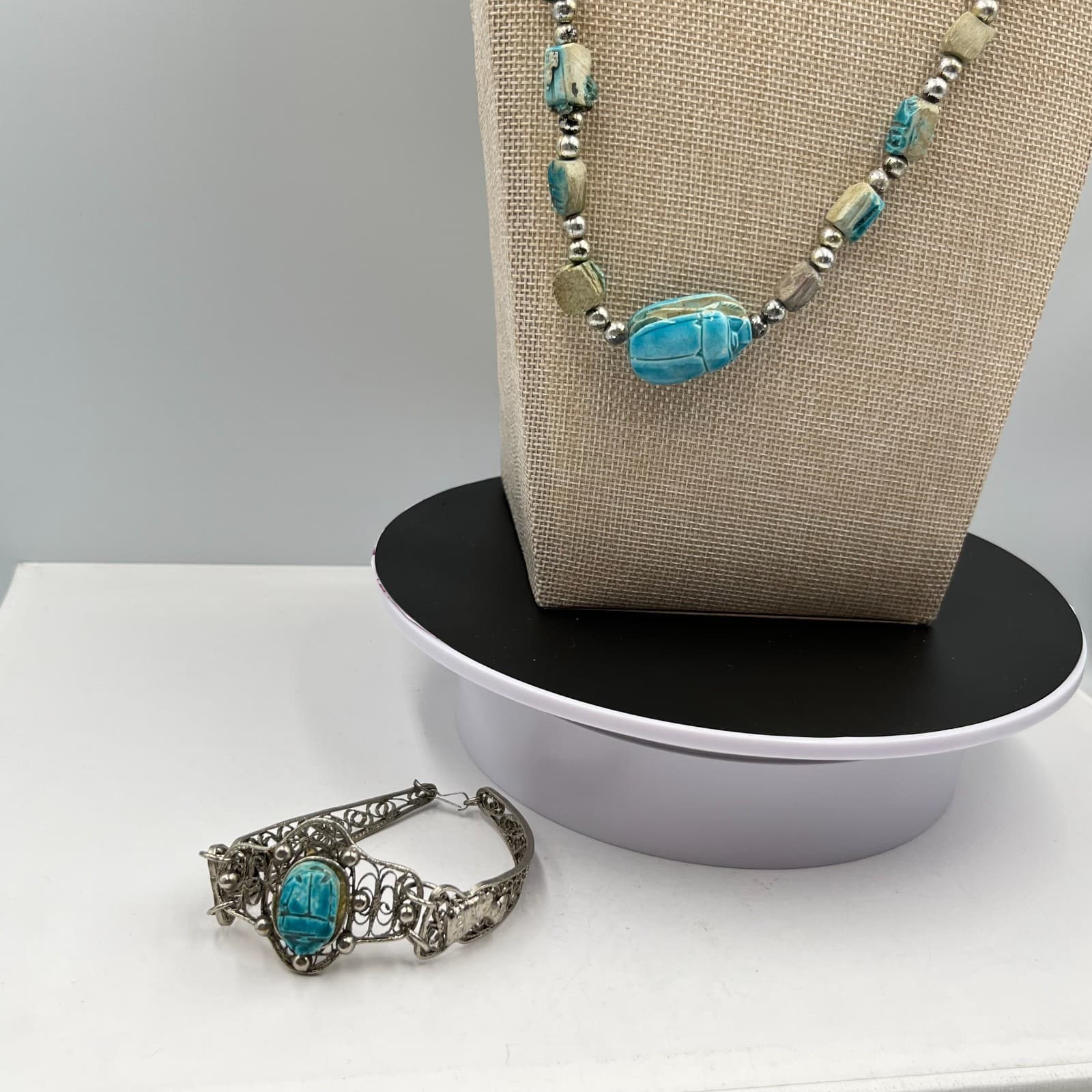 Vintage Egyptian Revival Scarab Beetle Beads Necklace & Filigree Bracelet Set - Thumbnail 12