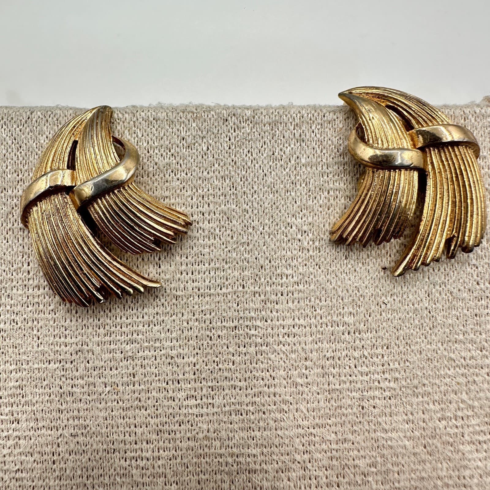 Vintage Trifari Gold-Tone Abstract Design Large Pierced Wing Clip-On Earrings - Thumbnail 2