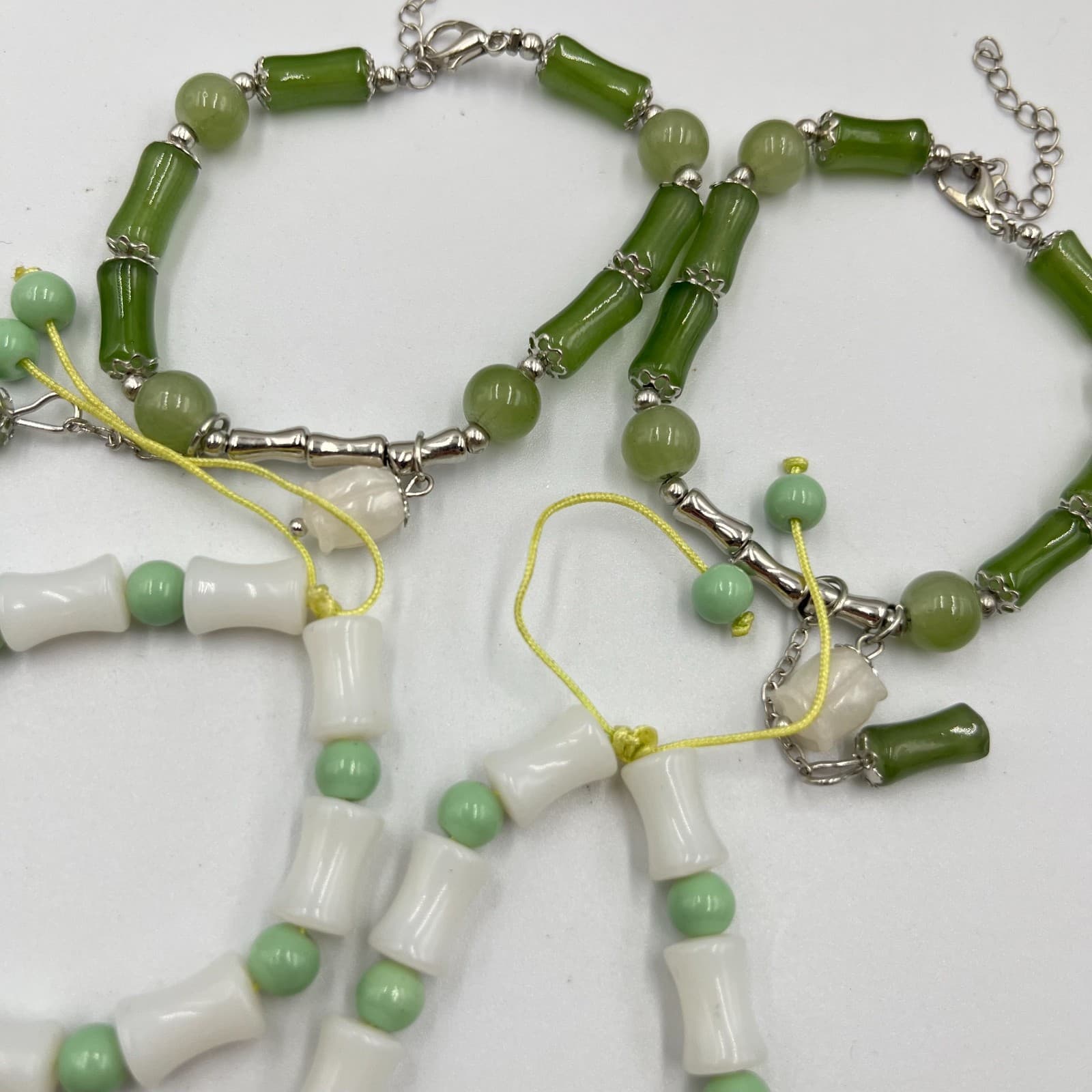 Vintage Faux Jade & Bone Bamboo Bead Bracelet Set 4pc Zen Nature Green White - Thumbnail 2
