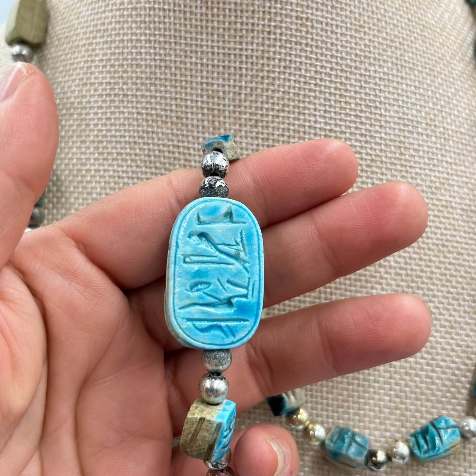 Vintage Egyptian Revival Scarab Beetle Beads Necklace & Filigree Bracelet Set - Thumbnail 6