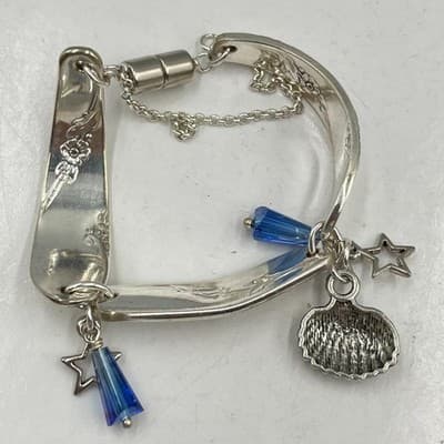 Vintage Spoon Handle Charm Bracelet Silver Shell Star Blue Crystal Classic Retro - Thumbnail 4