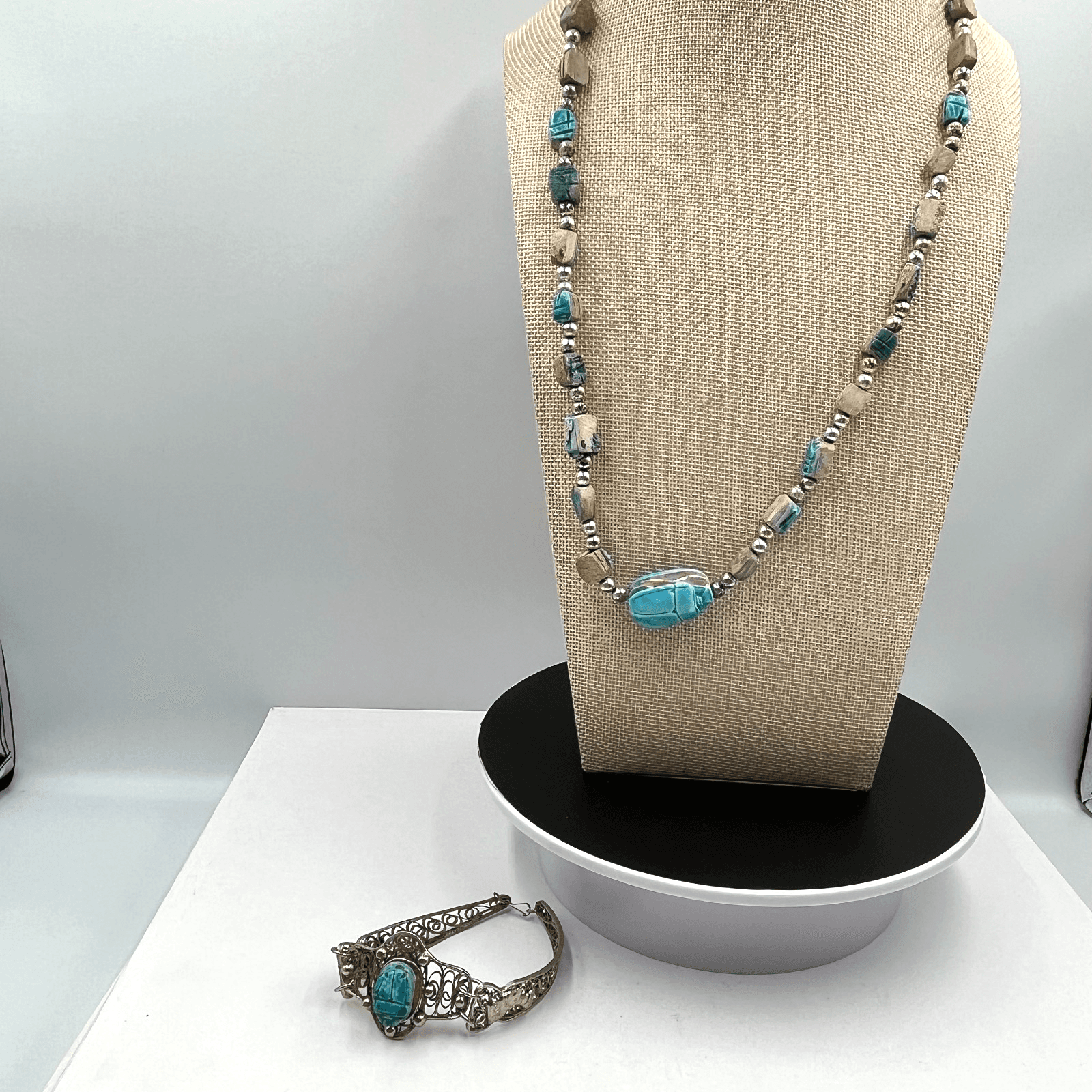 Vintage Egyptian Revival Scarab Beetle Beads Necklace & Filigree Bracelet Set
