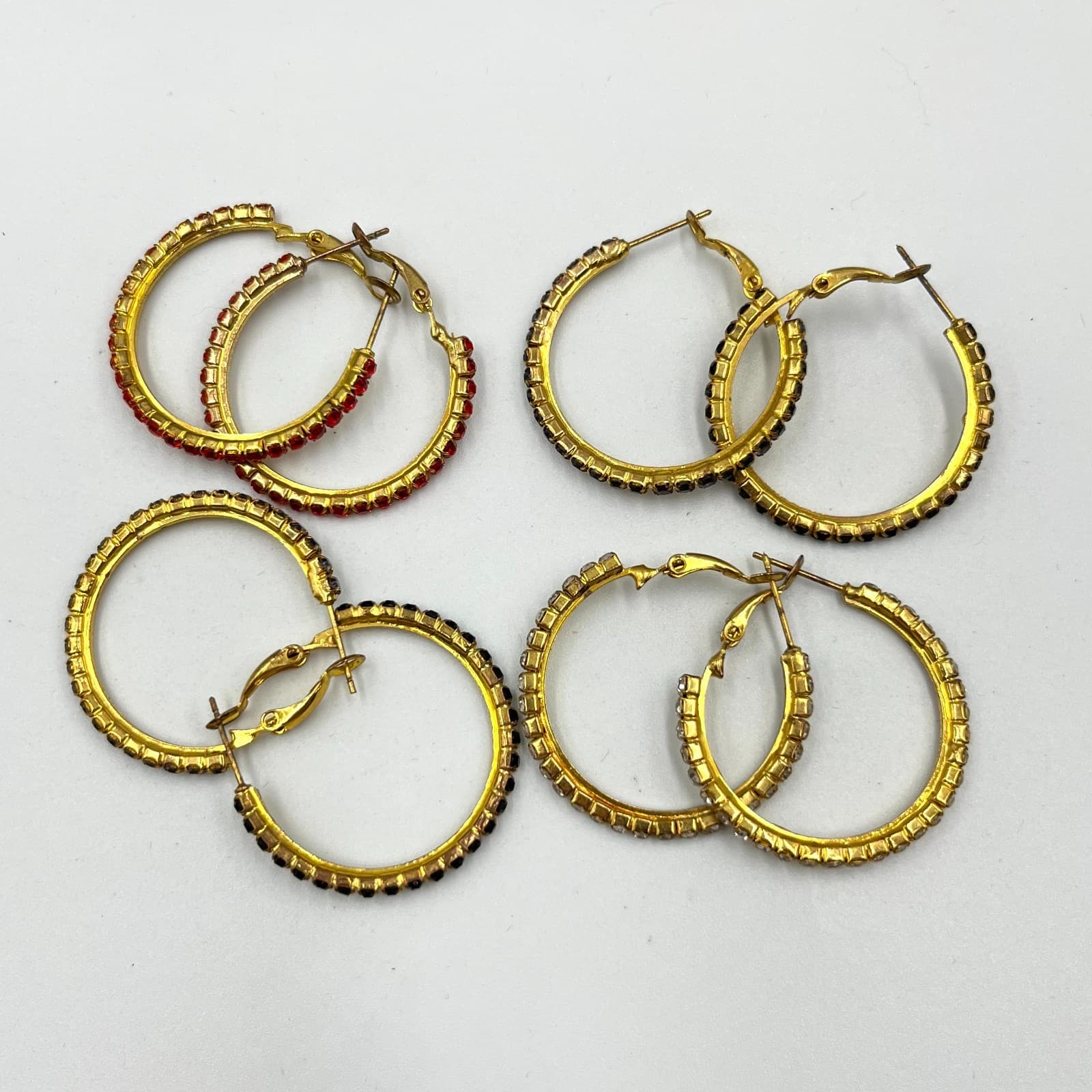 VTG Gold Tone Rhinestone Hoop Earring Set (4pc) Red Black Clear Crystal Retro