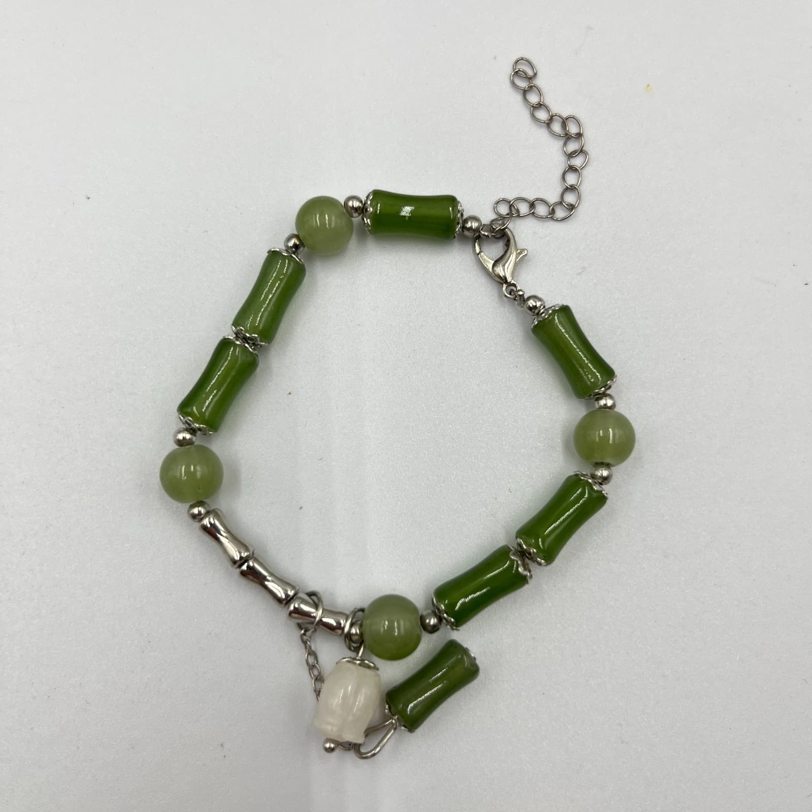 Vintage Faux Jade & Bone Bamboo Bead Bracelet Set 4pc Zen Nature Green White - Thumbnail 3