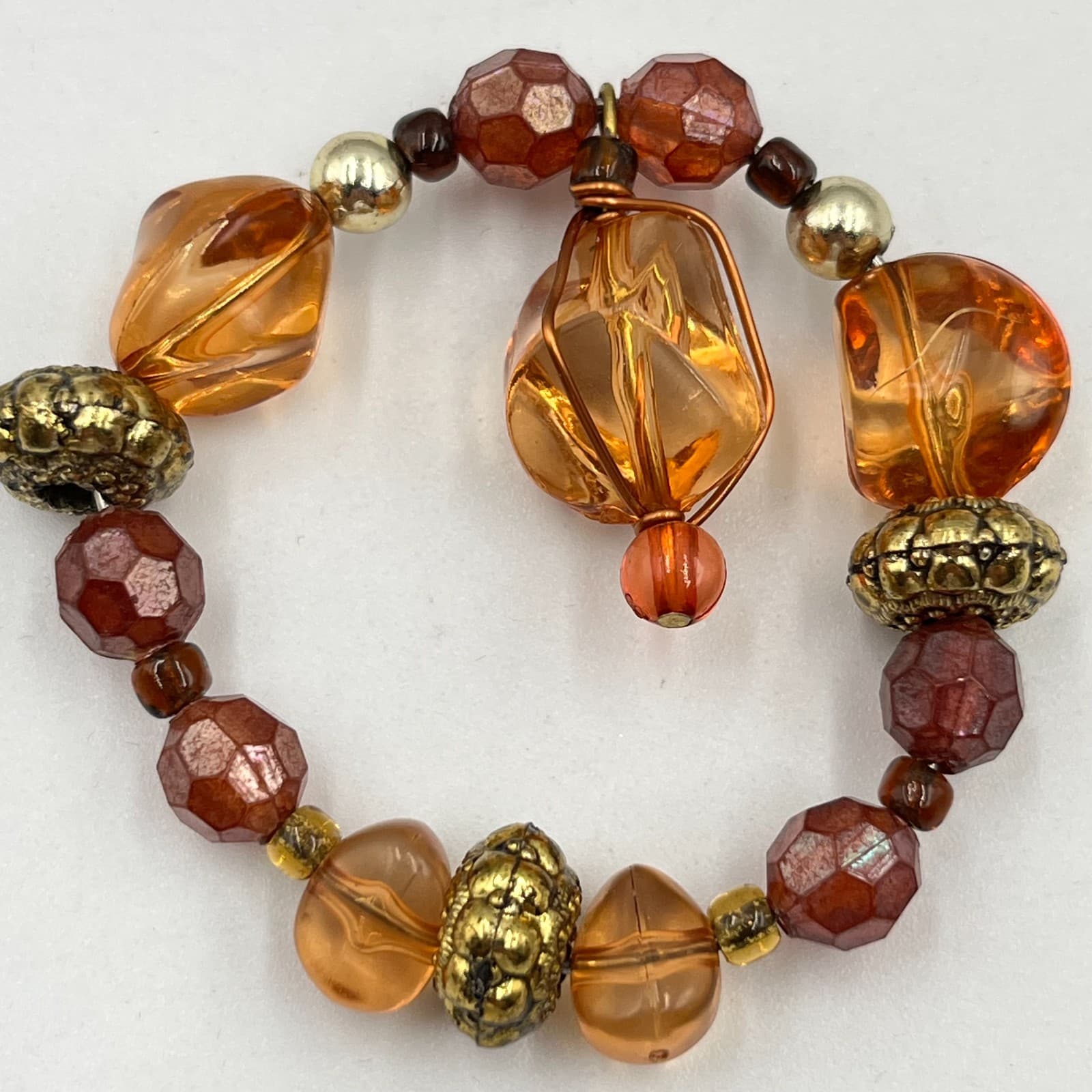 Vintage Boho Amber & Gold faceted Beaded Stretch Bracelet Set (3pc) Classic - Thumbnail 2