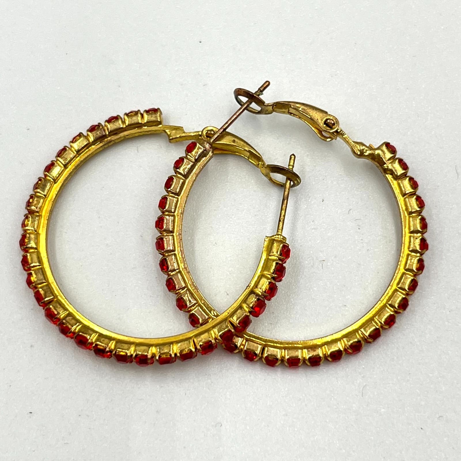 VTG Gold Tone Rhinestone Hoop Earring Set (4pc) Red Black Clear Crystal Retro - Thumbnail 2
