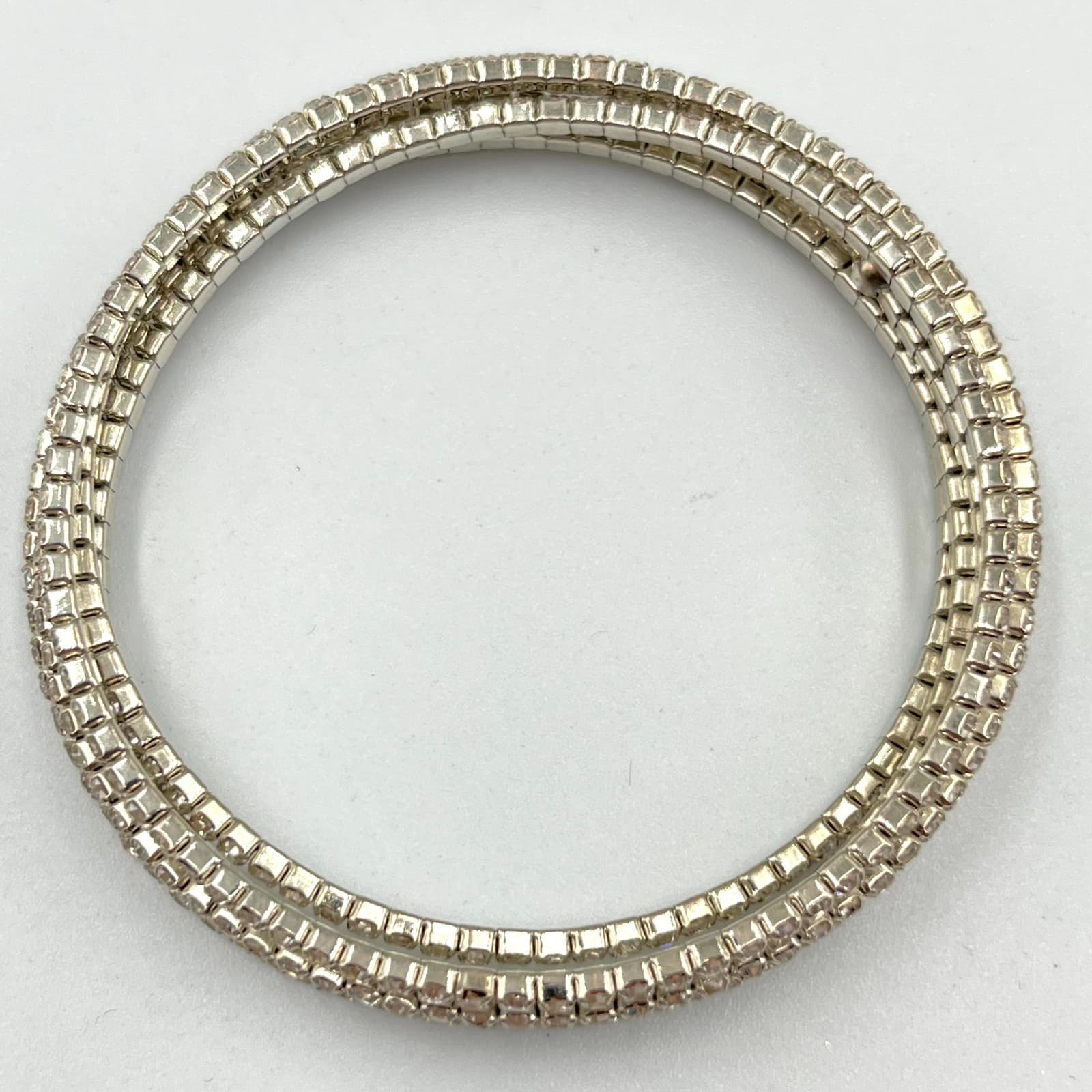 Vintage Y2K Silver Tone Rhinestone Wrap Bangle Bracelets Set of 2 Sparkly - Thumbnail 2