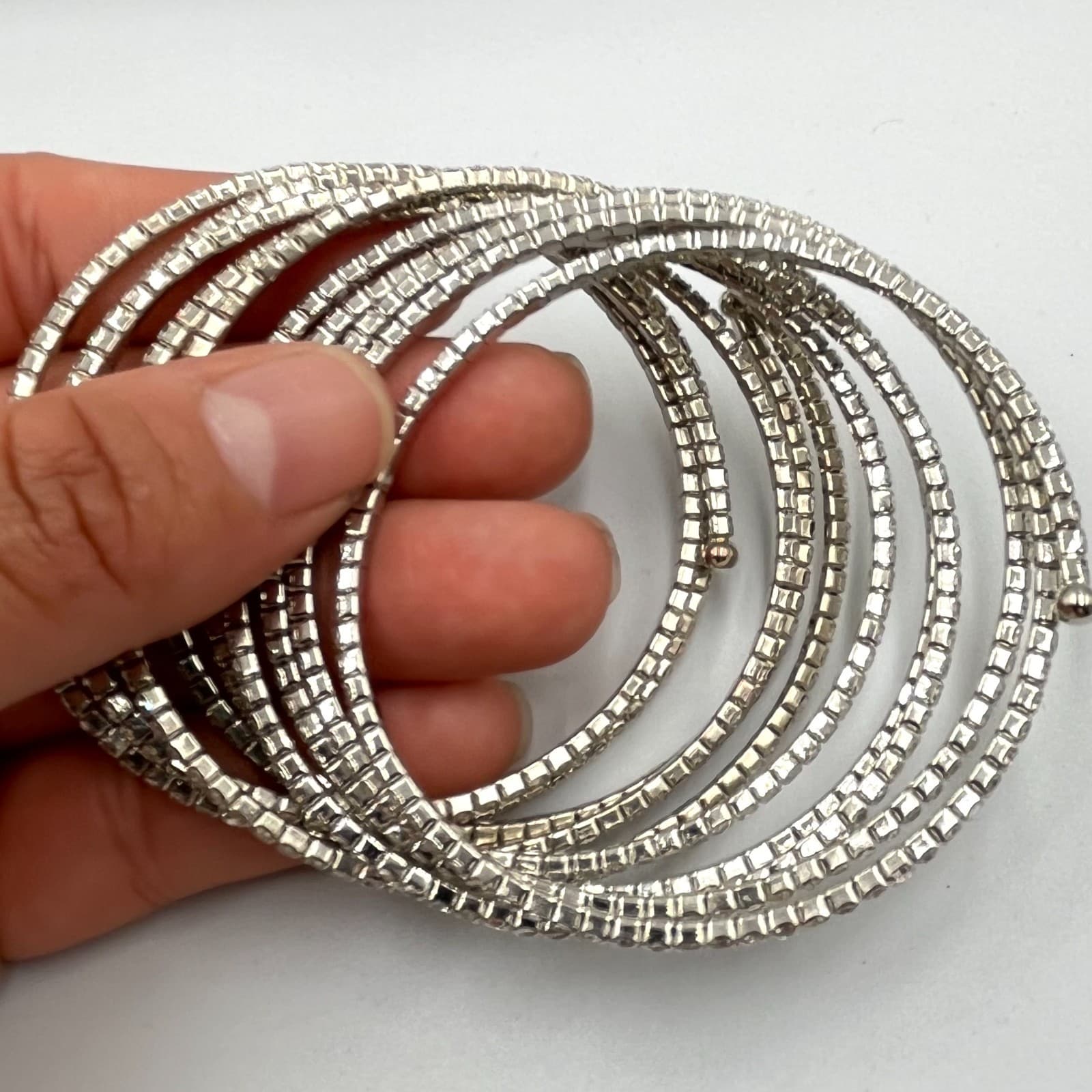 Vintage Y2K Silver Tone Rhinestone Wrap Bangle Bracelets Set of 2 Sparkly - Thumbnail 7