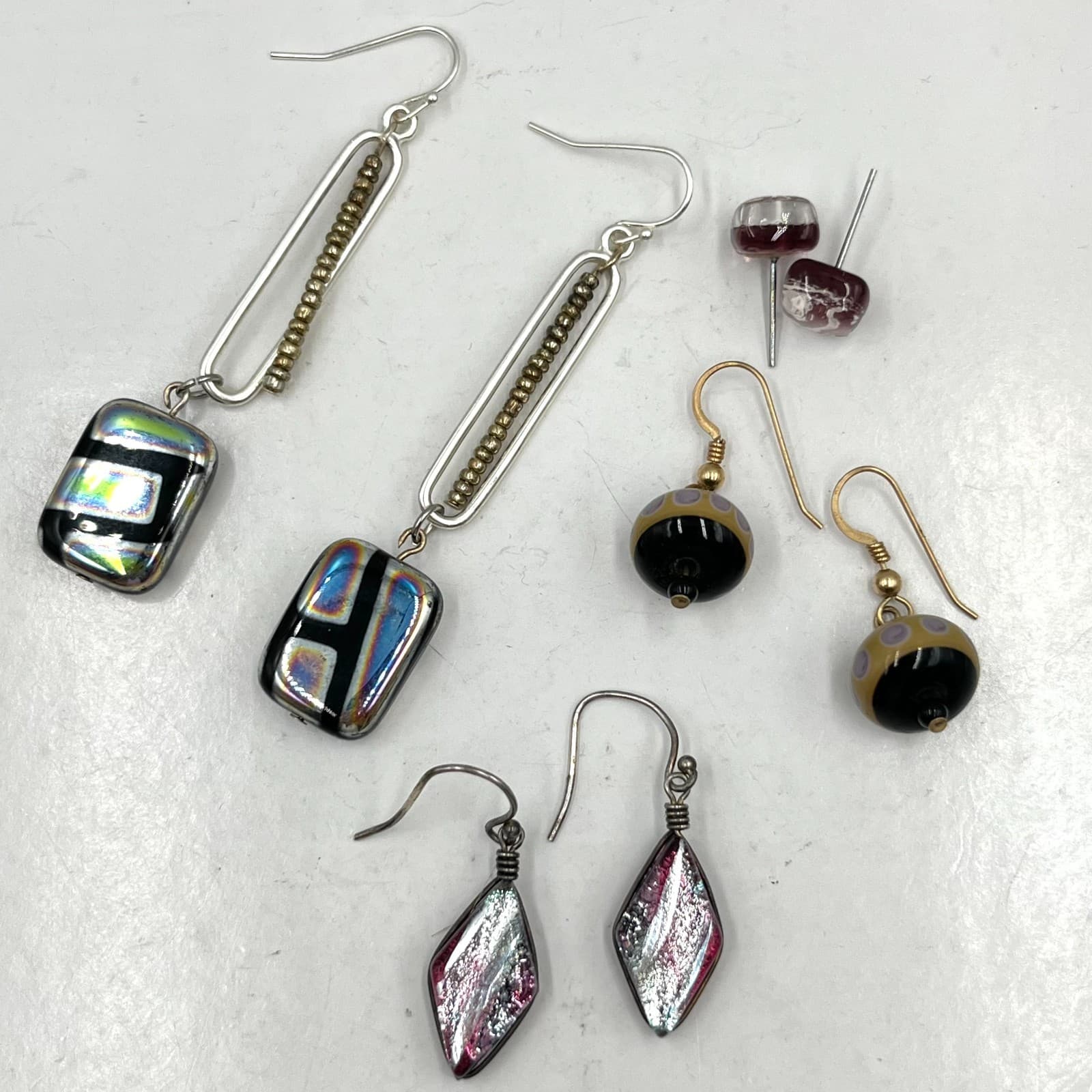 Vintage Artisan Lampwork & Dichroic Glass Earring Set 4 Piras Boho Abstract