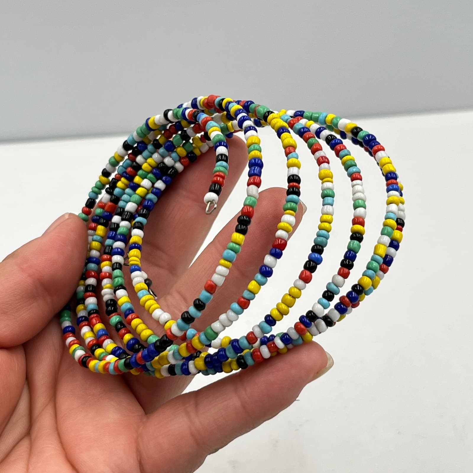 Vintage Retro Multi-Color Seed Bead Memory Wire Wrap Coil Bracelet Boho Y2K - Thumbnail 5