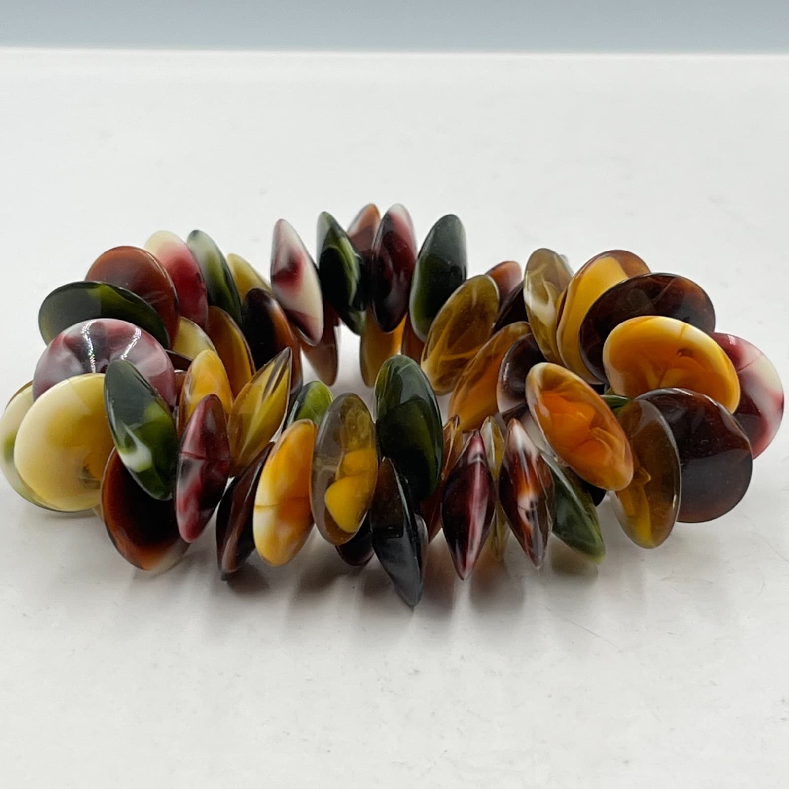 Retro Vintage Earth Tone Swirl Disc Bead Stretch Bracelet Mod Boho Fall Colors - Thumbnail 3