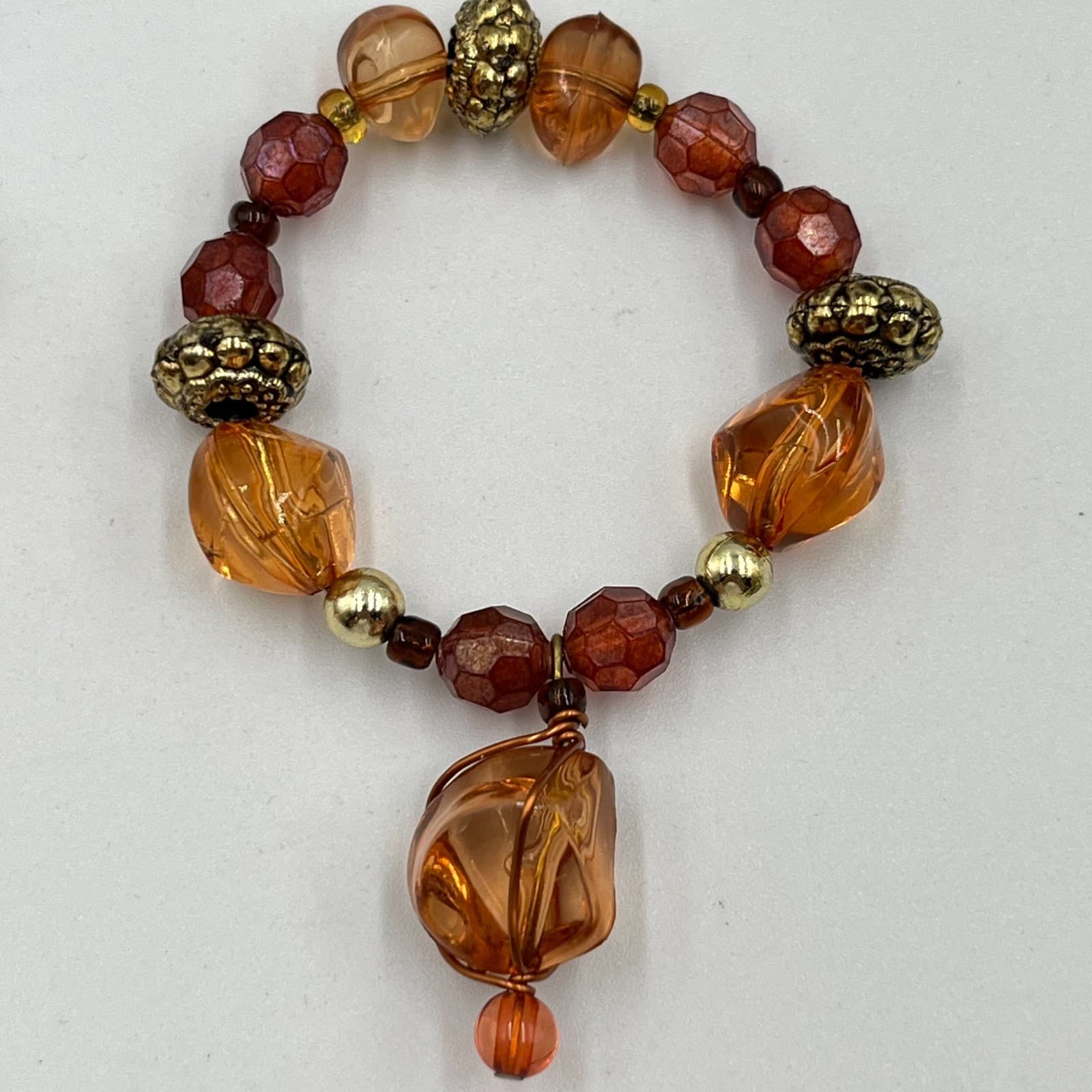 Vintage Boho Amber & Gold faceted Beaded Stretch Bracelet Set (3pc) Classic - Thumbnail 3