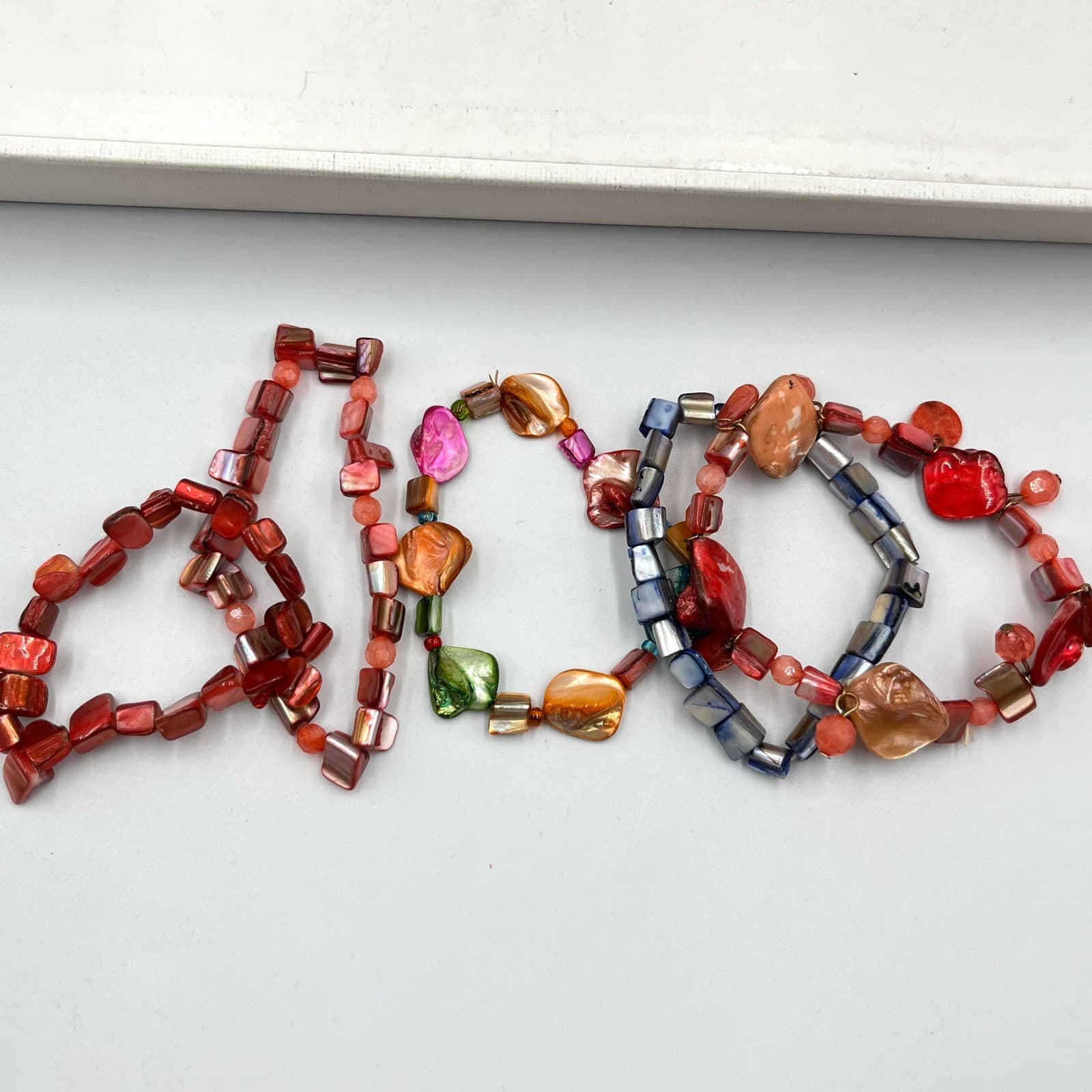 Vintage Boho Mother of Pearl Shell Stretch Bracelet Set Iridescent Multi 5pc - Thumbnail 12