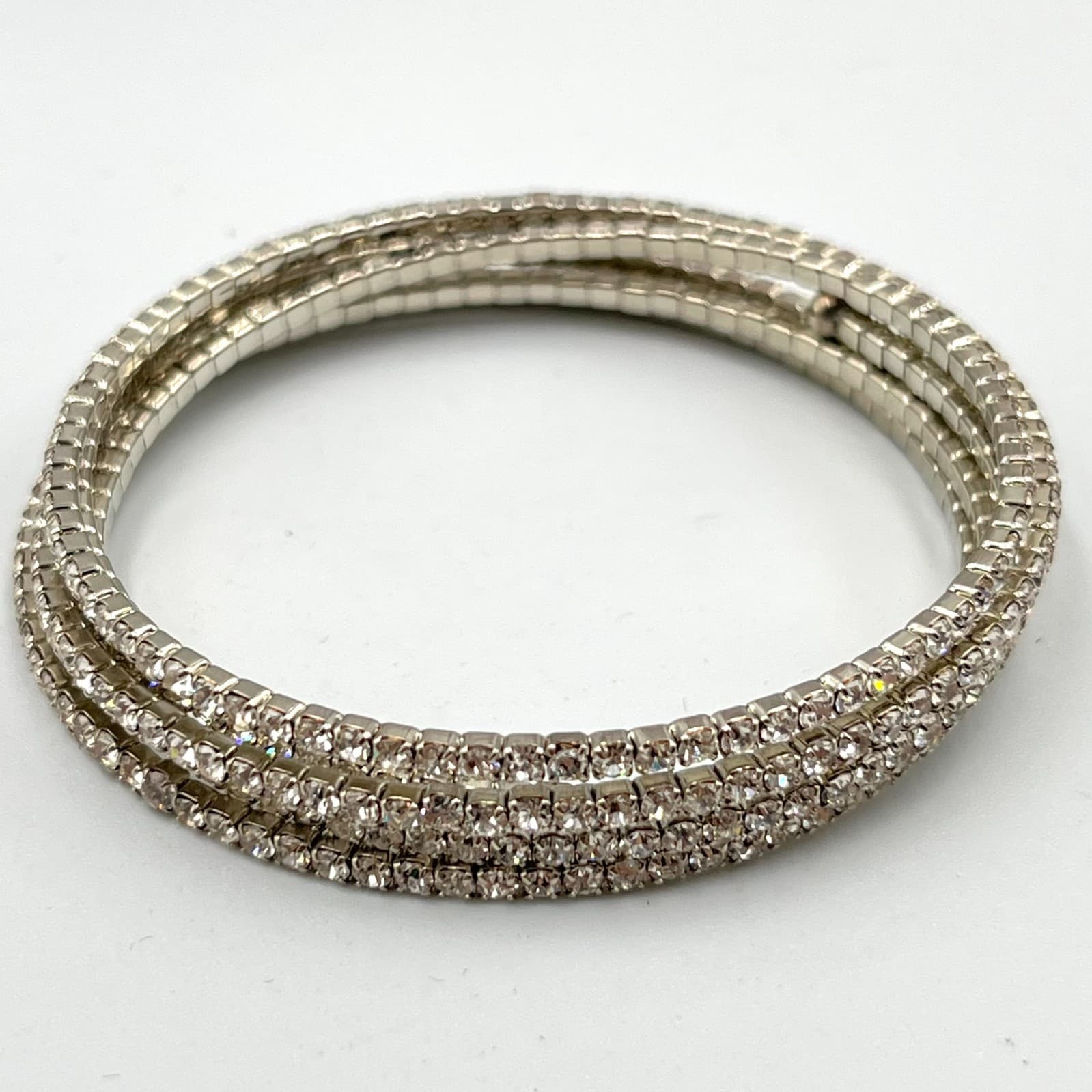 Vintage Y2K Silver Tone Rhinestone Wrap Bangle Bracelets Set of 2 Sparkly