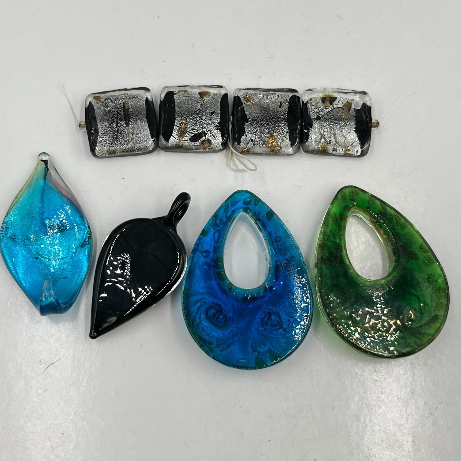 Vintage Murano Style Art Glass Pendant Bead Set Aventurine Gold Foil 5pc - Thumbnail 12