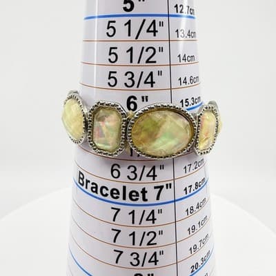 Vintage Silver Tone Iridescent Faux Opal Panel Stretch Bracelet Statement Retro - Thumbnail 7