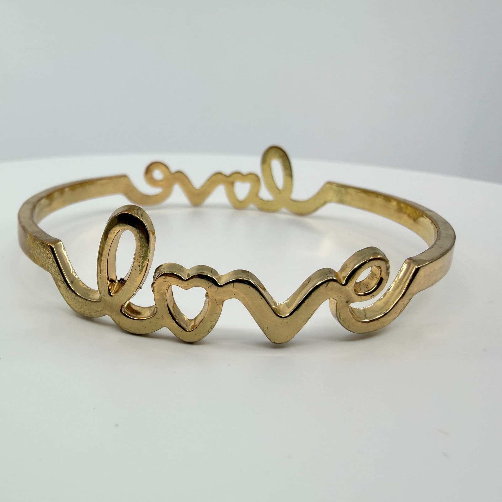 Gold Tone Love Script Bangle Bracelet Heart Detail Word Art Minimalist Stackable - Thumbnail 2