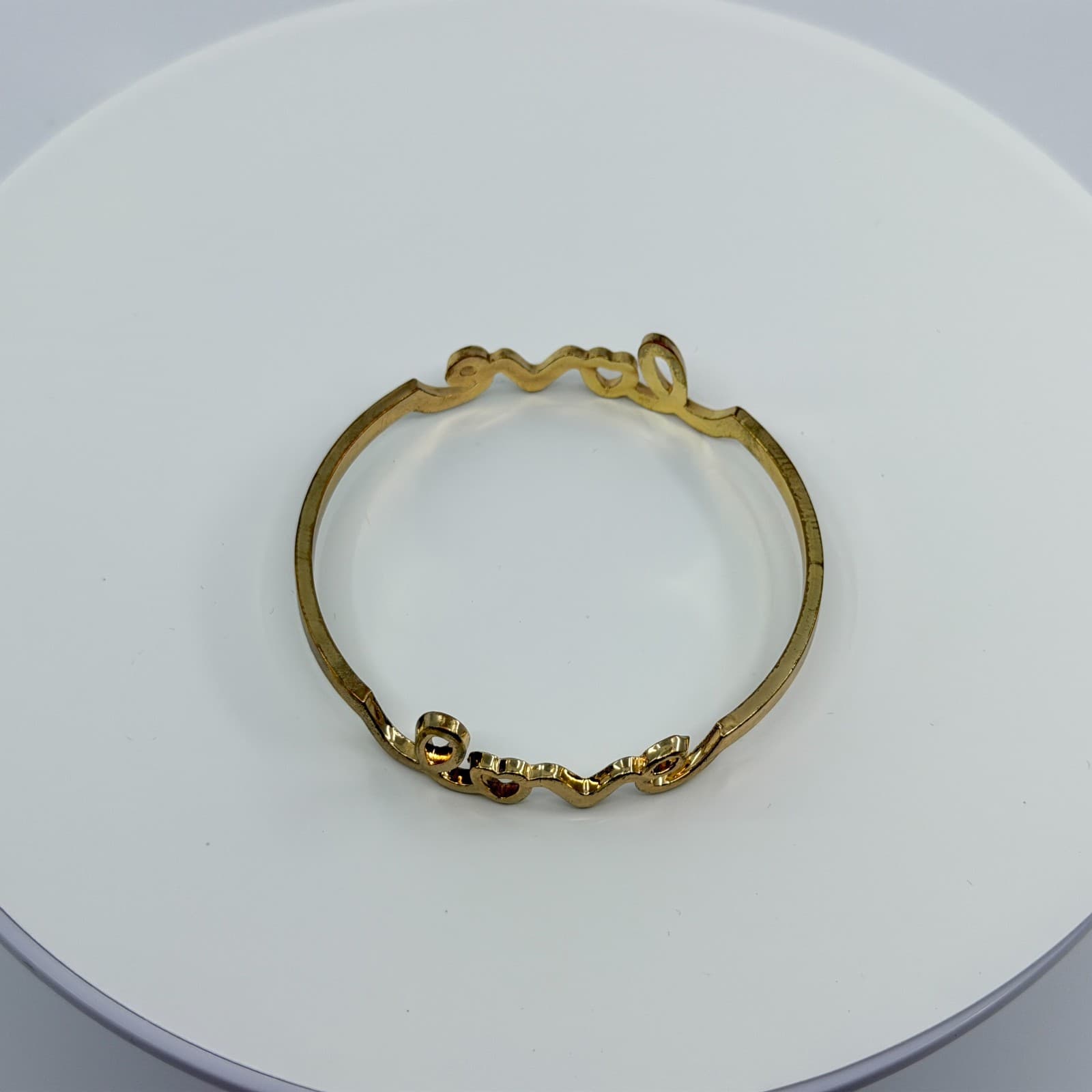 Gold Tone Love Script Bangle Bracelet Heart Detail Word Art Minimalist Stackable - Thumbnail 4