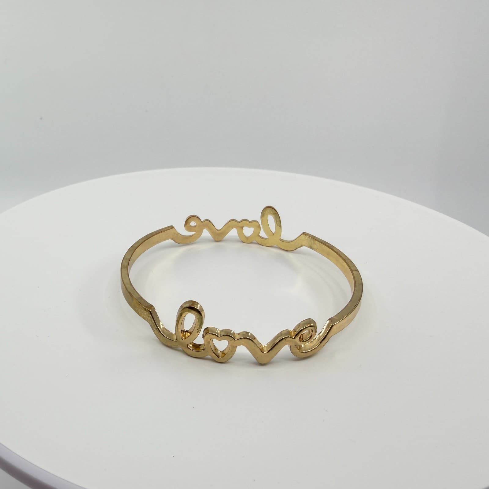 Gold Tone Love Script Bangle Bracelet Heart Detail Word Art Minimalist Stackable - Thumbnail 3