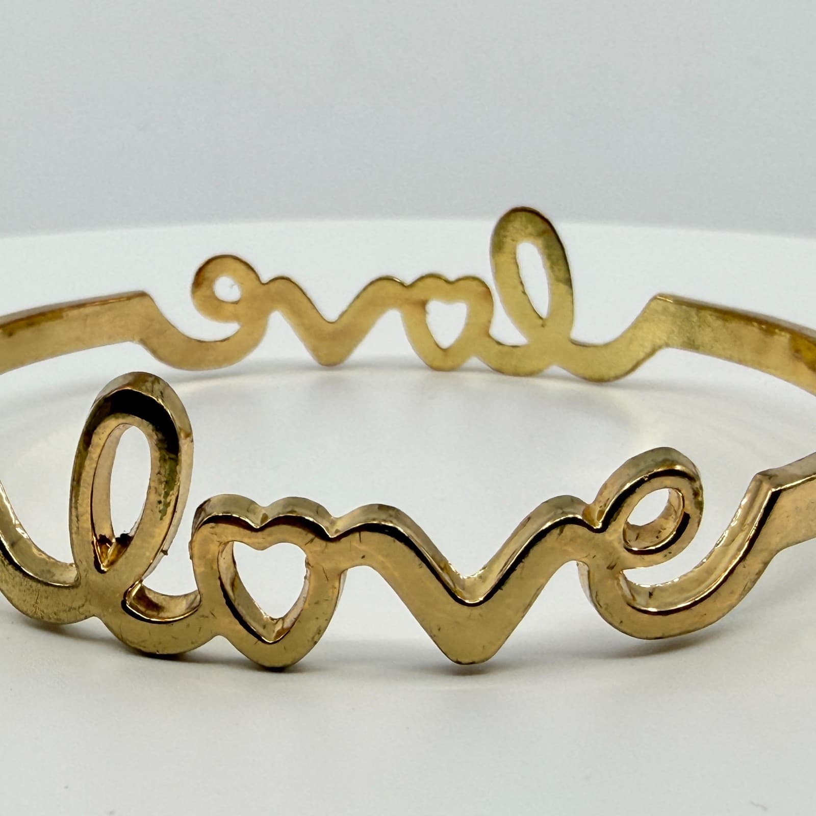 Gold Tone Love Script Bangle Bracelet Heart Detail Word Art Minimalist Stackable - Thumbnail 5