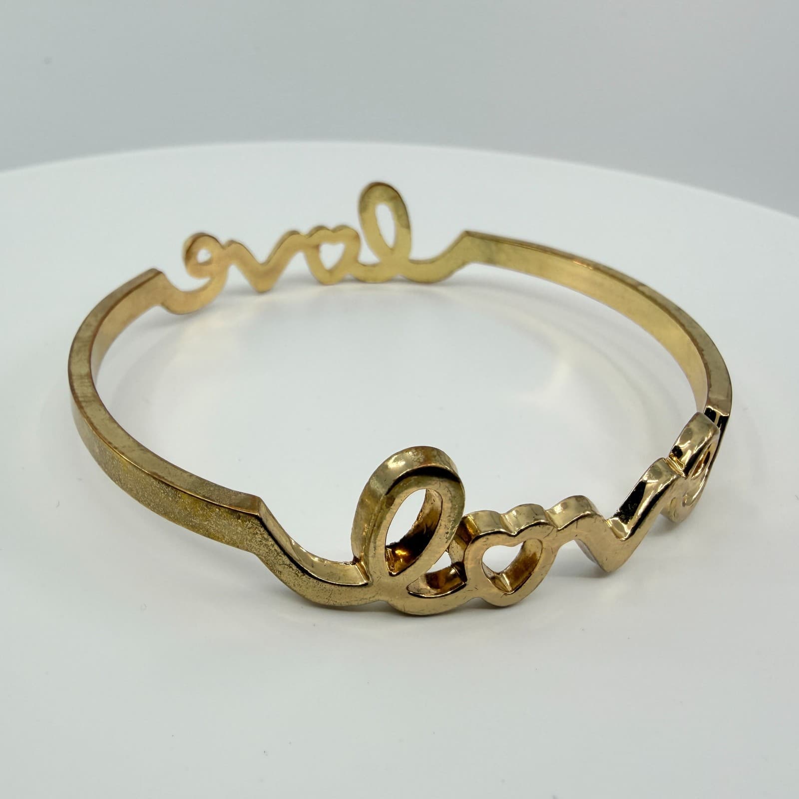 Gold Tone Love Script Bangle Bracelet Heart Detail Word Art Minimalist Stackable - Thumbnail 6