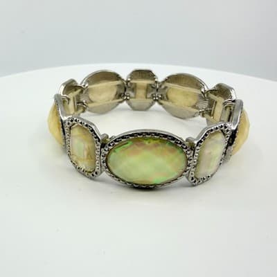 Vintage Silver Tone Iridescent Faux Opal Panel Stretch Bracelet Statement Retro - Thumbnail 2