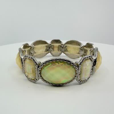 Vintage Silver Tone Iridescent Faux Opal Panel Stretch Bracelet Statement Retro - Thumbnail 3