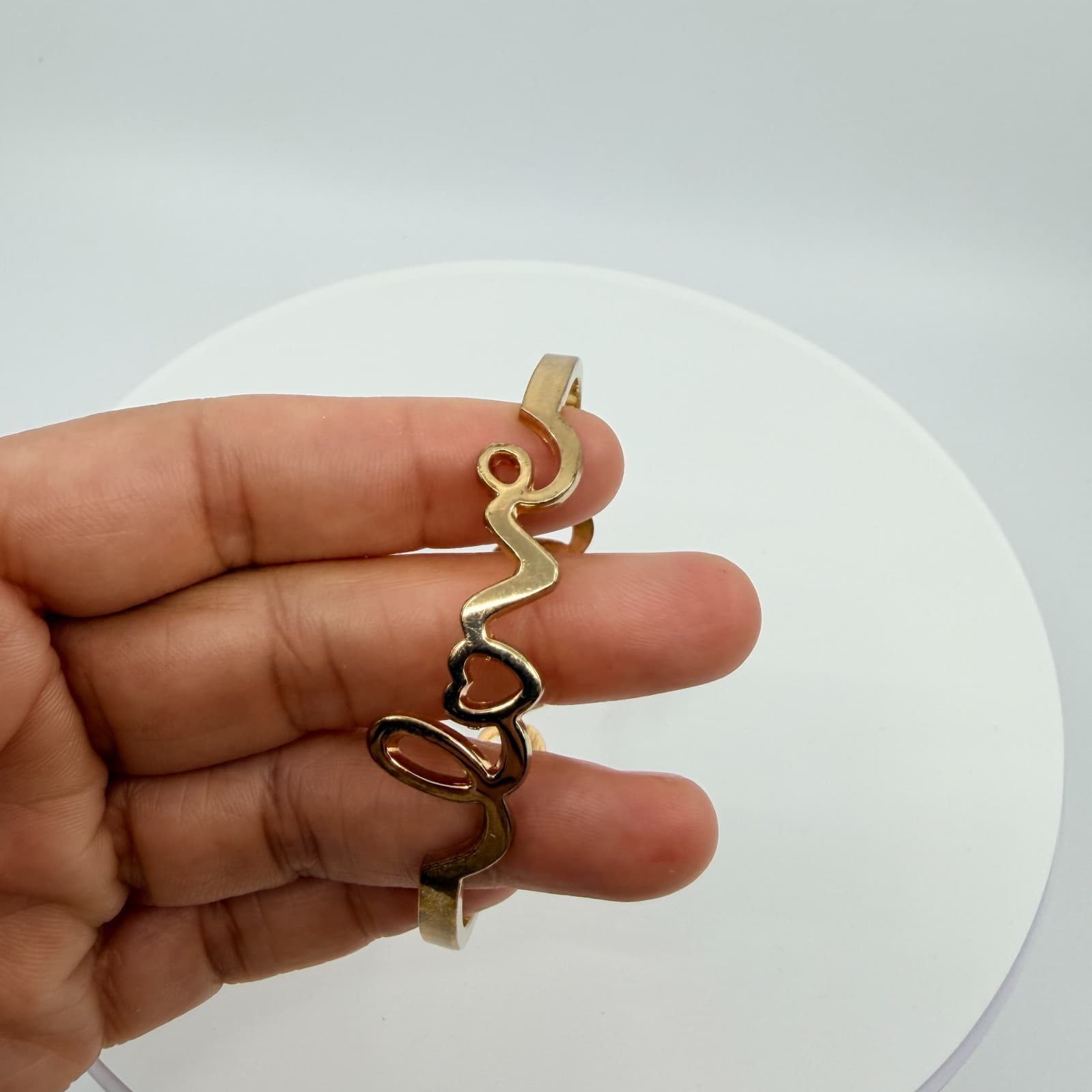 Gold Tone Love Script Bangle Bracelet Heart Detail Word Art Minimalist Stackable - Thumbnail 7